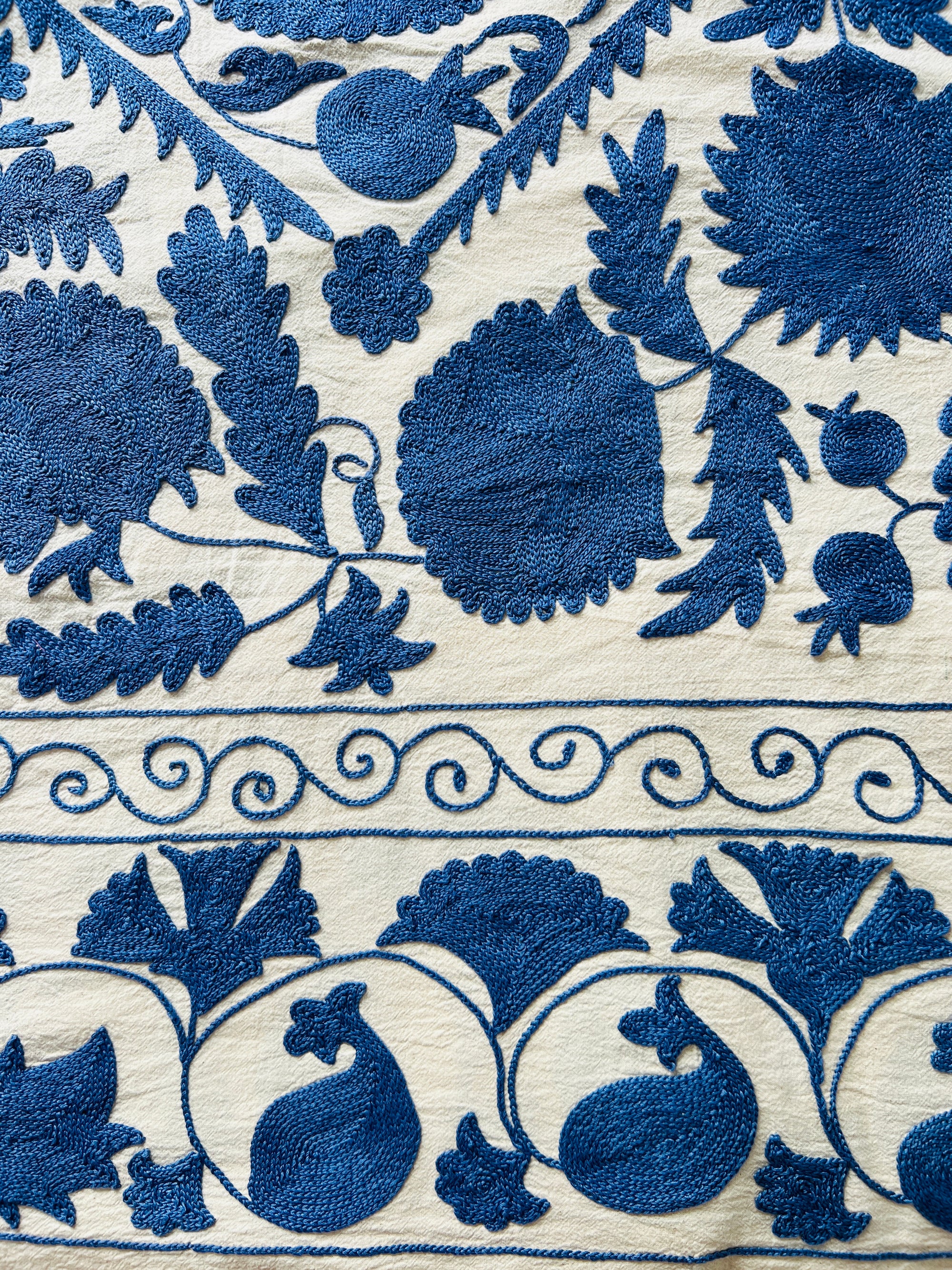 Hand Embroidered Cotton Sozani Panel - Deep Blue