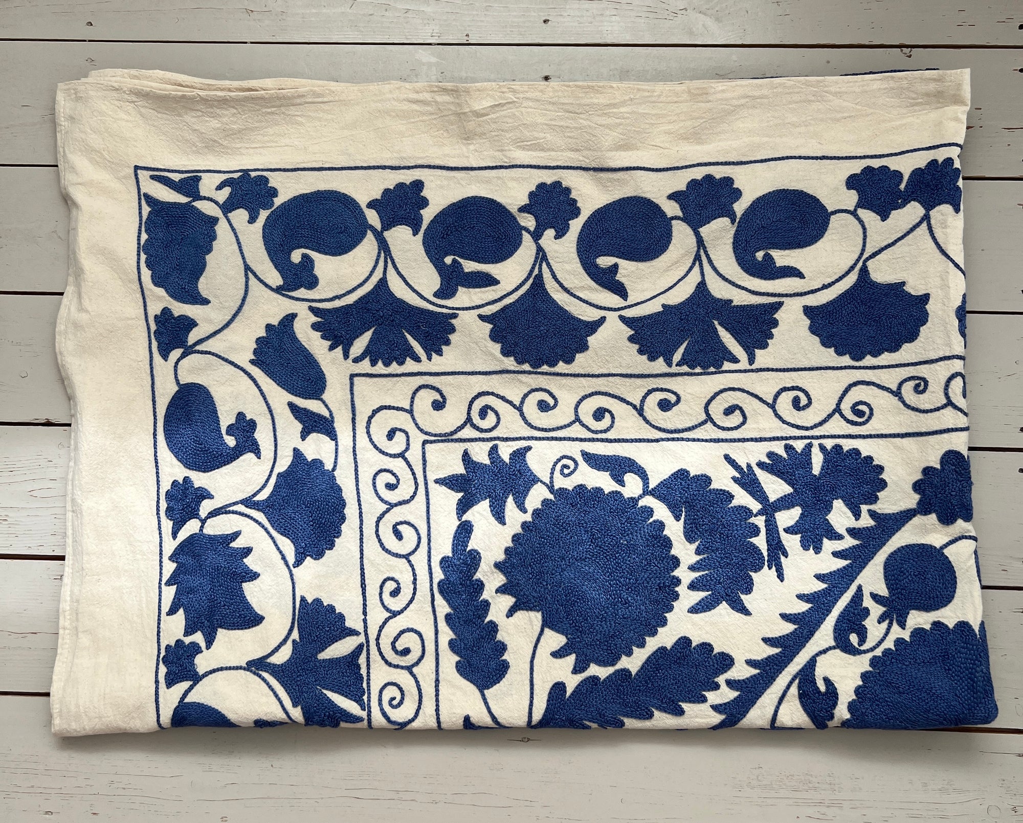 Hand Embroidered Cotton Sozani Panel - Deep Blue