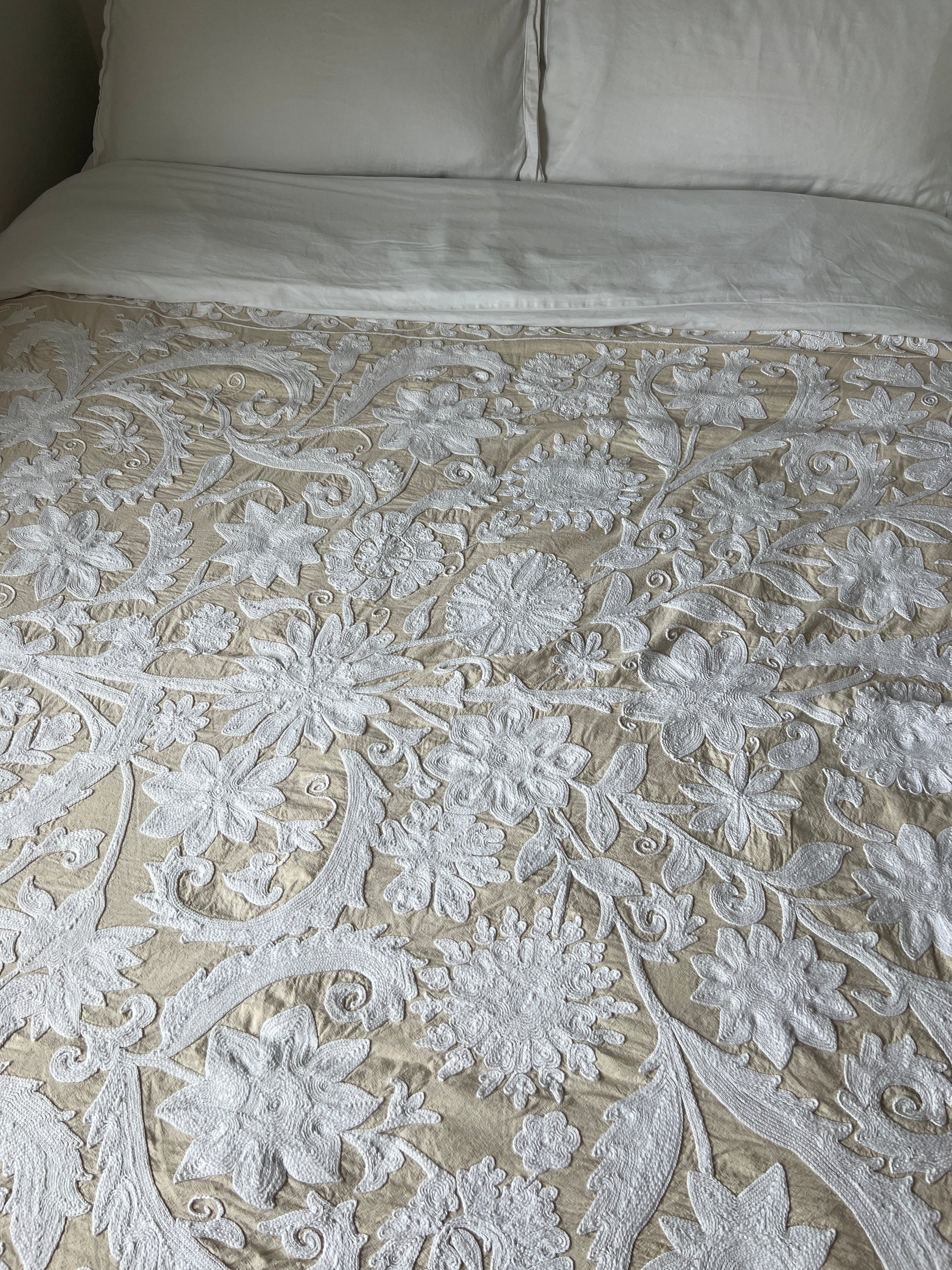 Hand Embroidered Cotton Sozani Panel - White