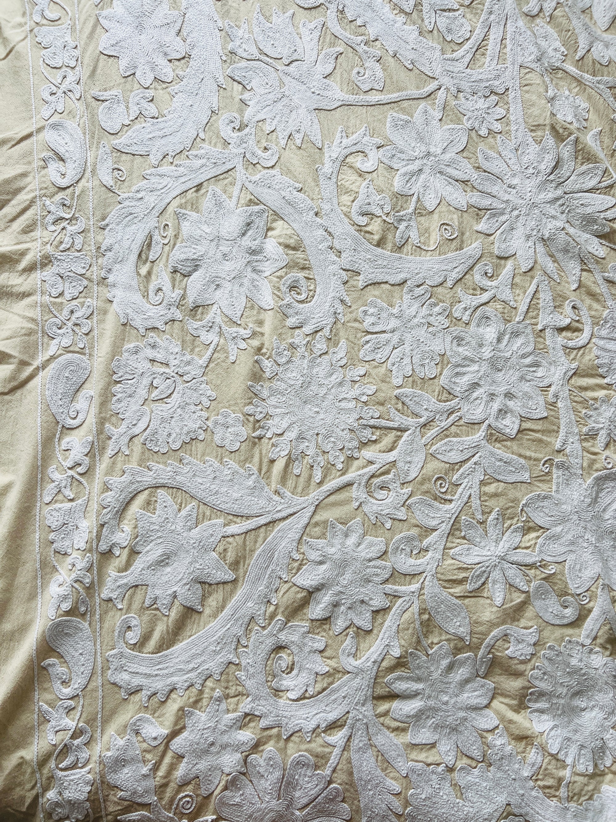 Hand Embroidered Cotton Sozani Panel - White