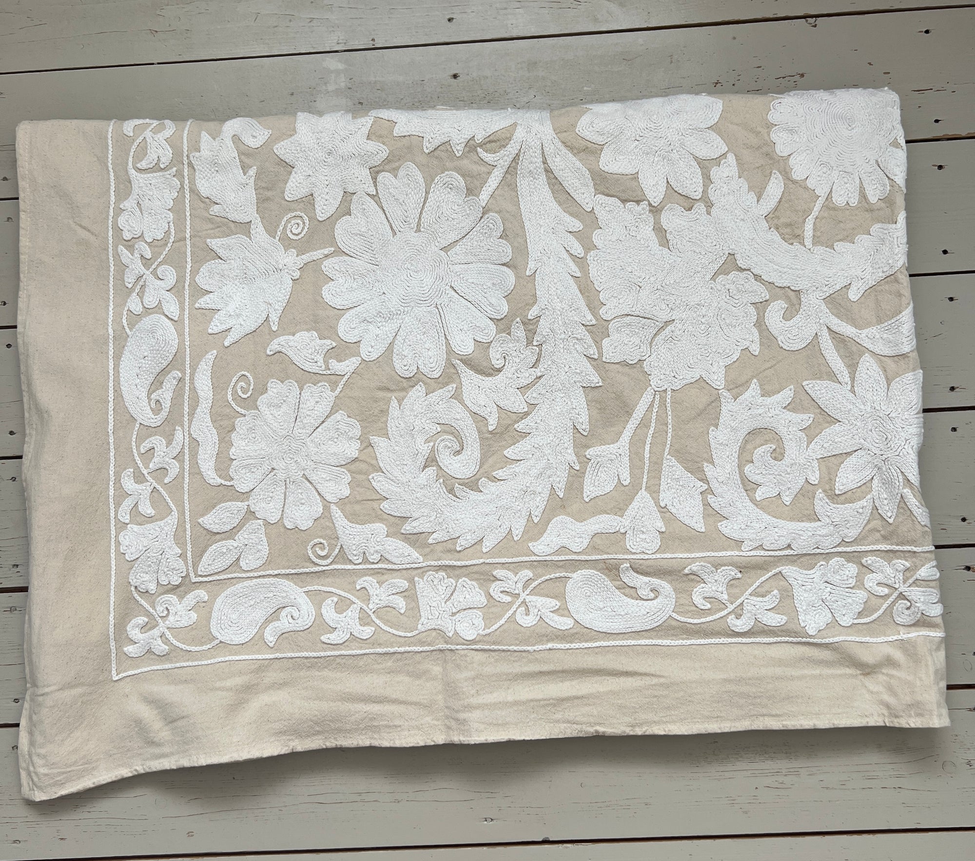 Hand Embroidered Cotton Sozani Panel - White