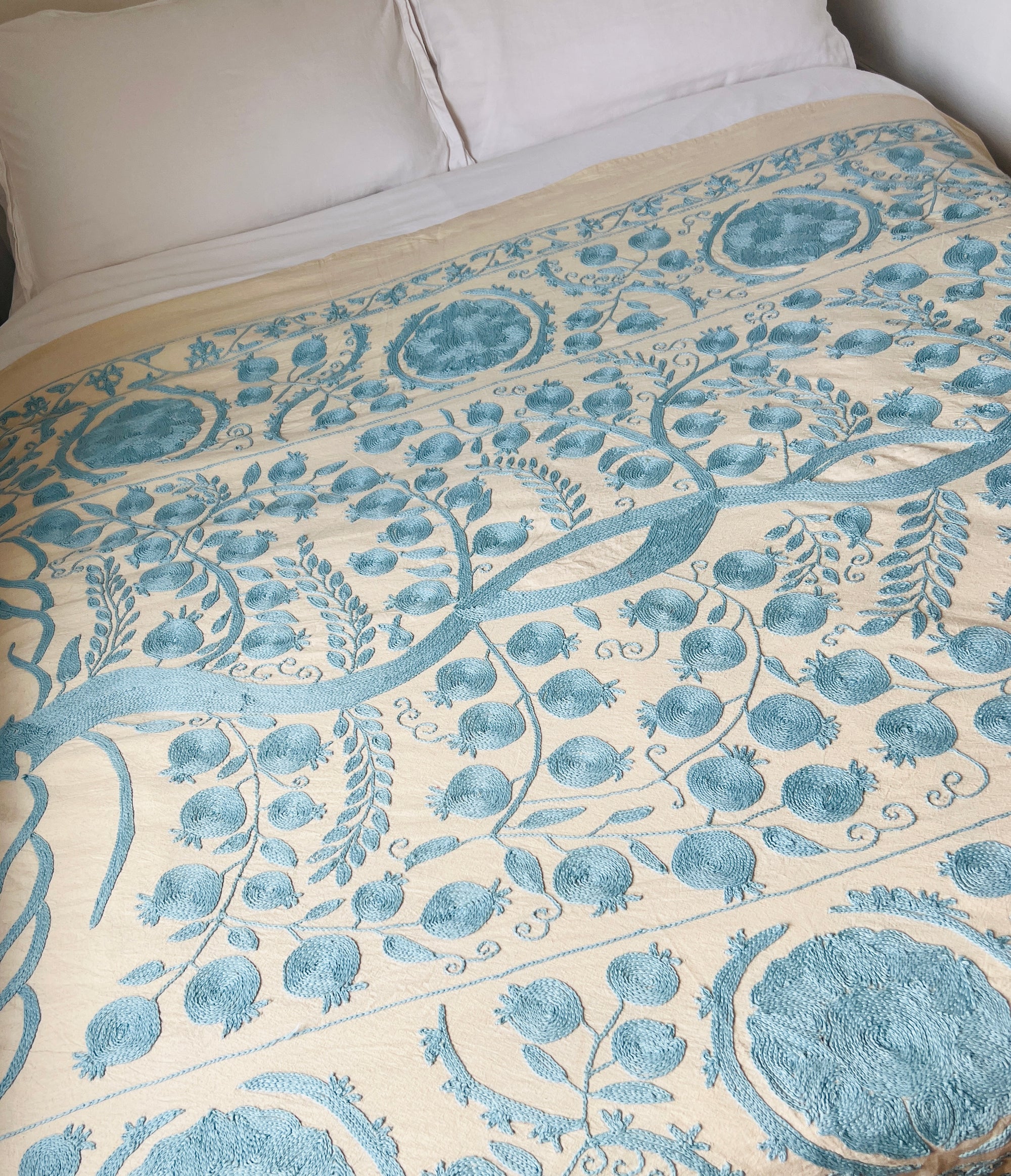 Hand Embroidered Cotton Sozani Panel - Pale Blue