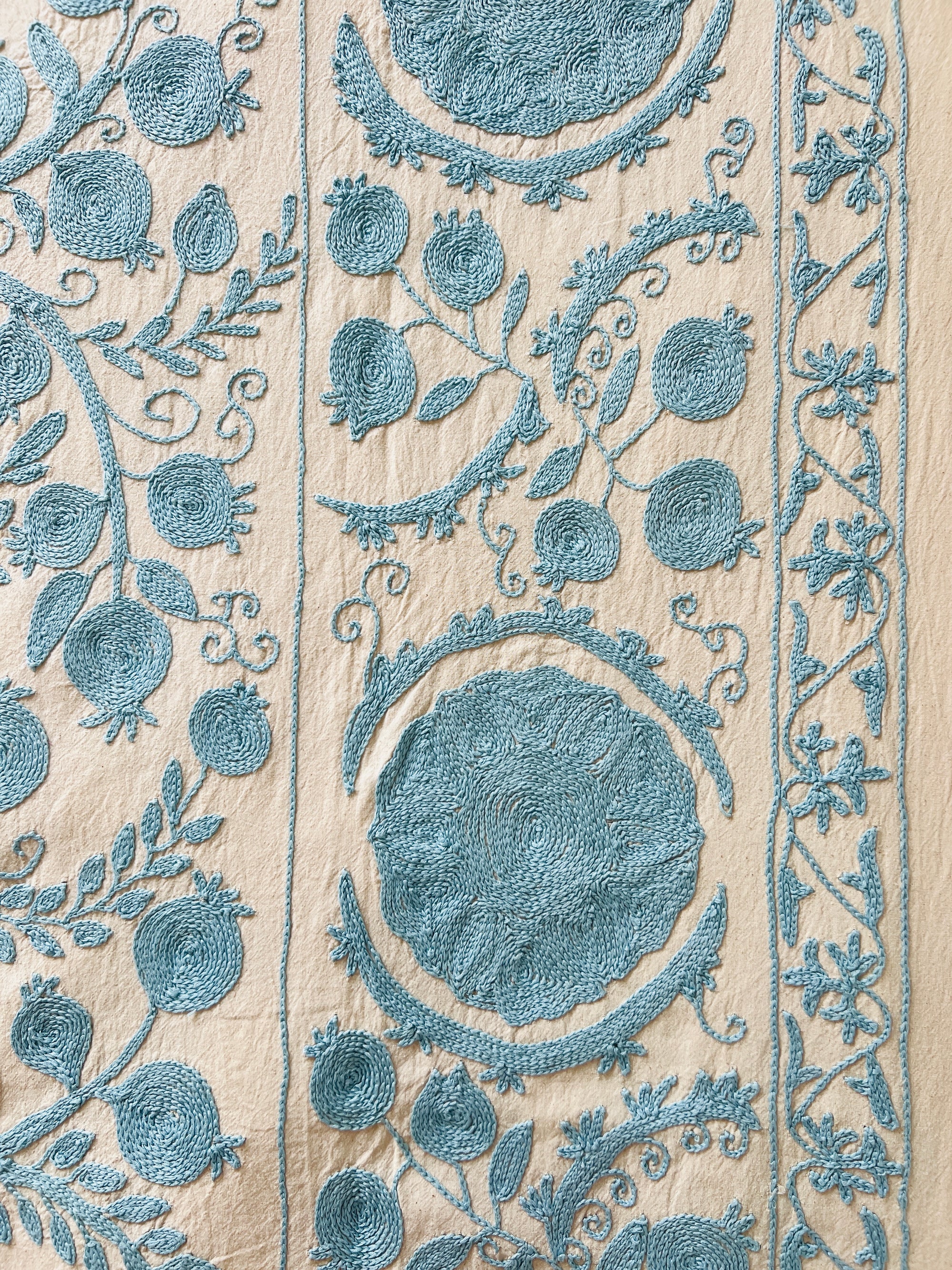 Hand Embroidered Cotton Sozani Panel - Pale Blue