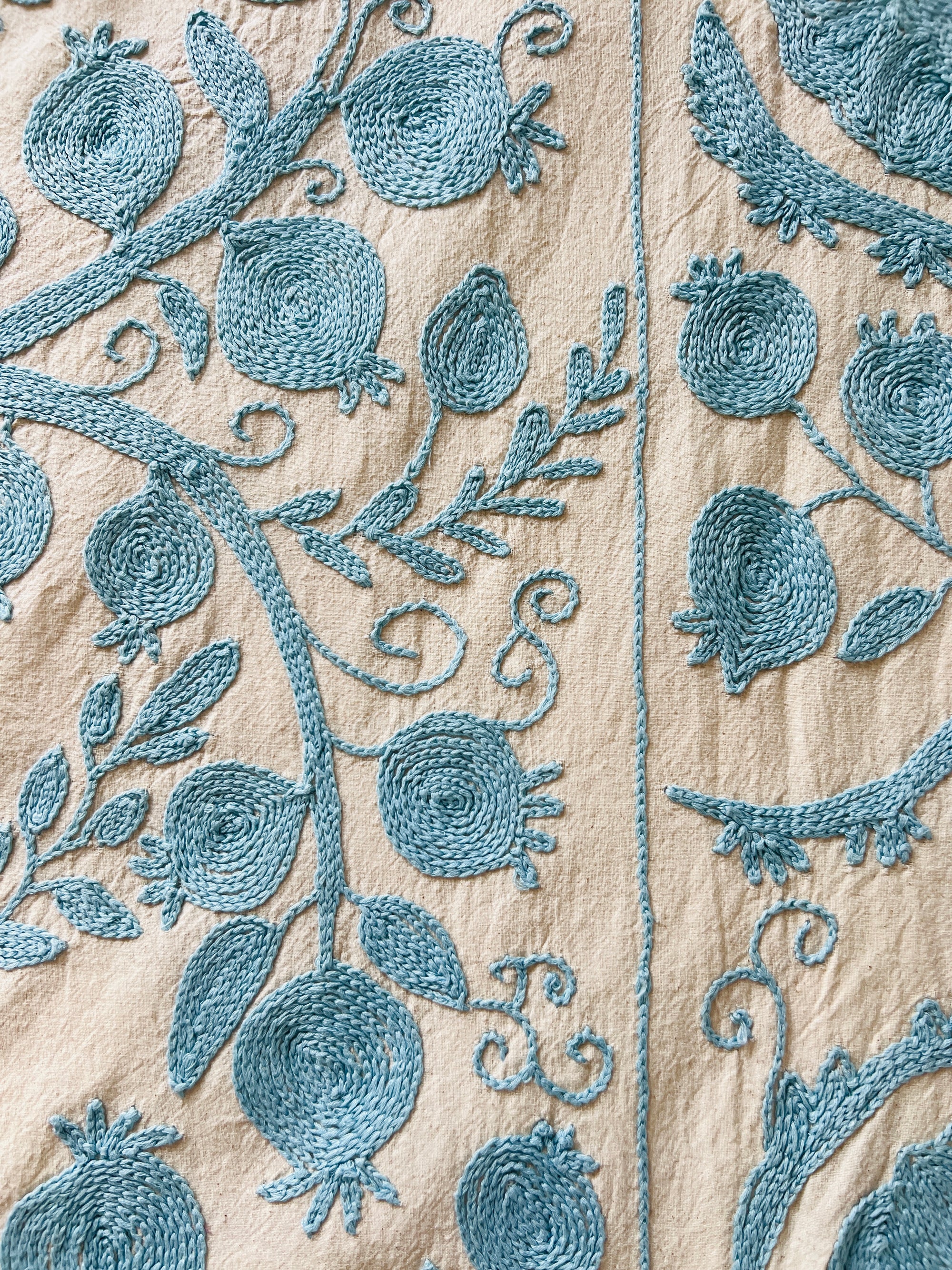 Hand Embroidered Cotton Sozani Panel - Pale Blue