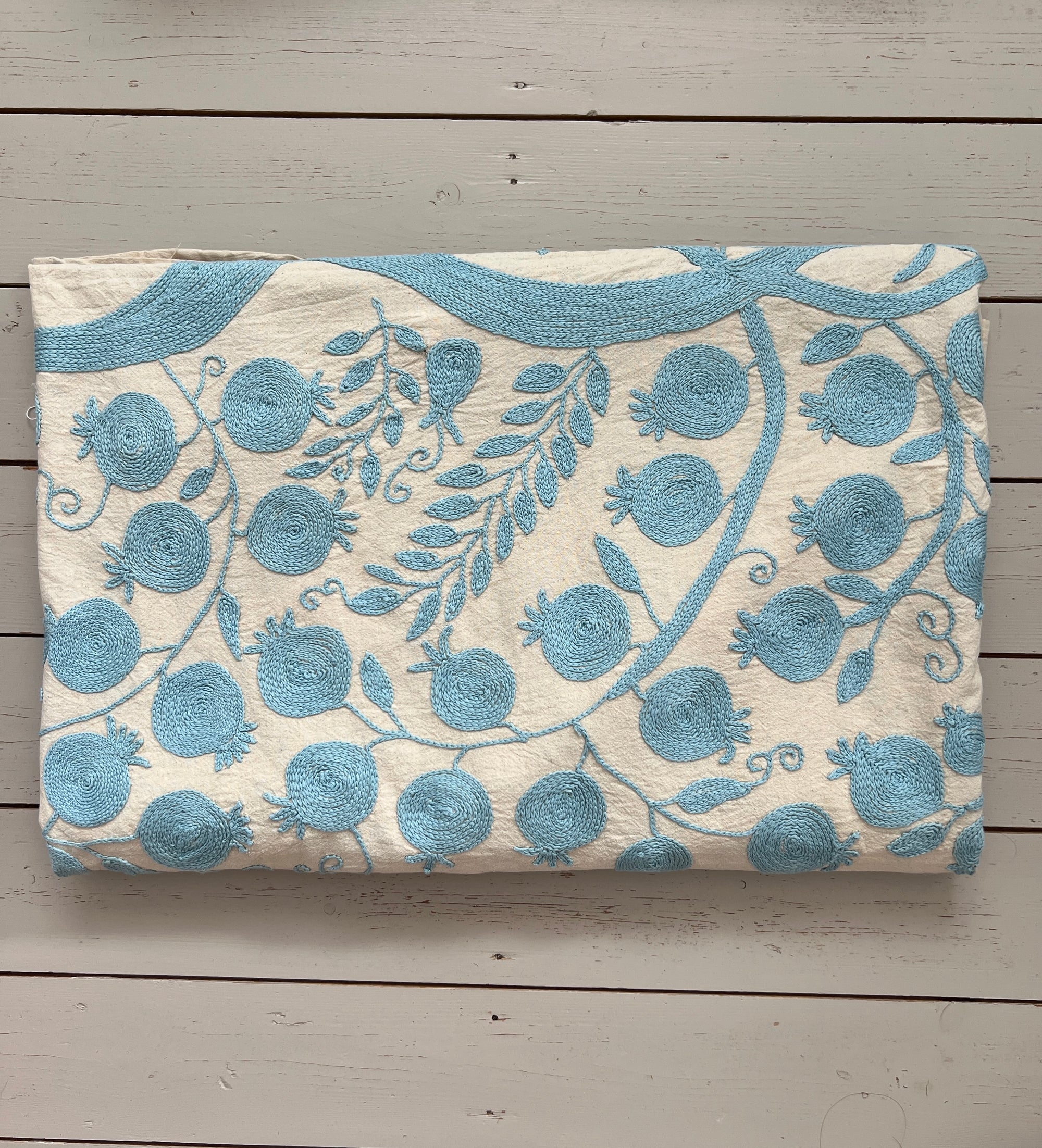 Hand Embroidered Cotton Sozani Panel - Pale Blue