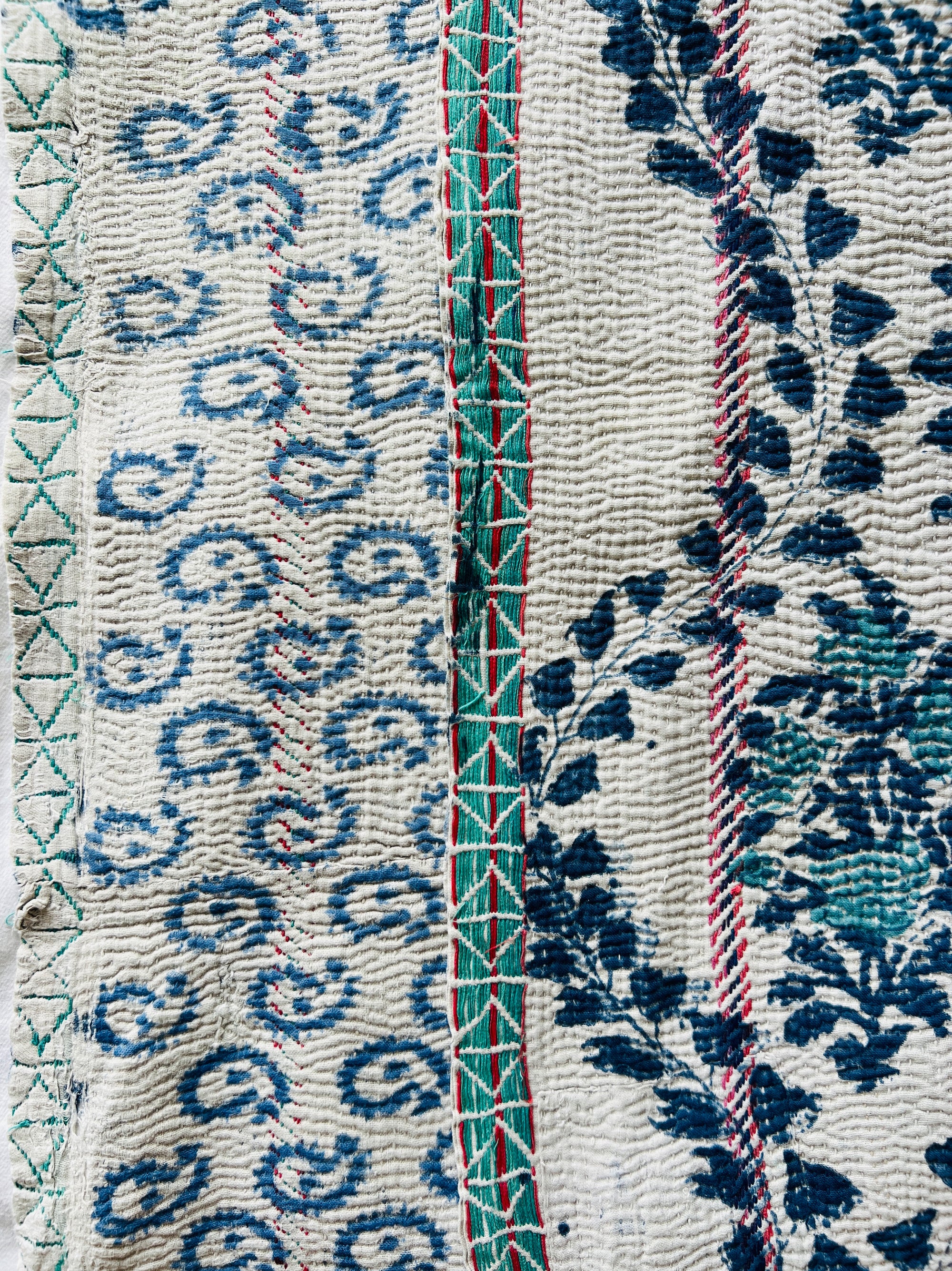 Hand Stitched and Hand Block Printed Kantha Throw - Paisley And Floral Stripe