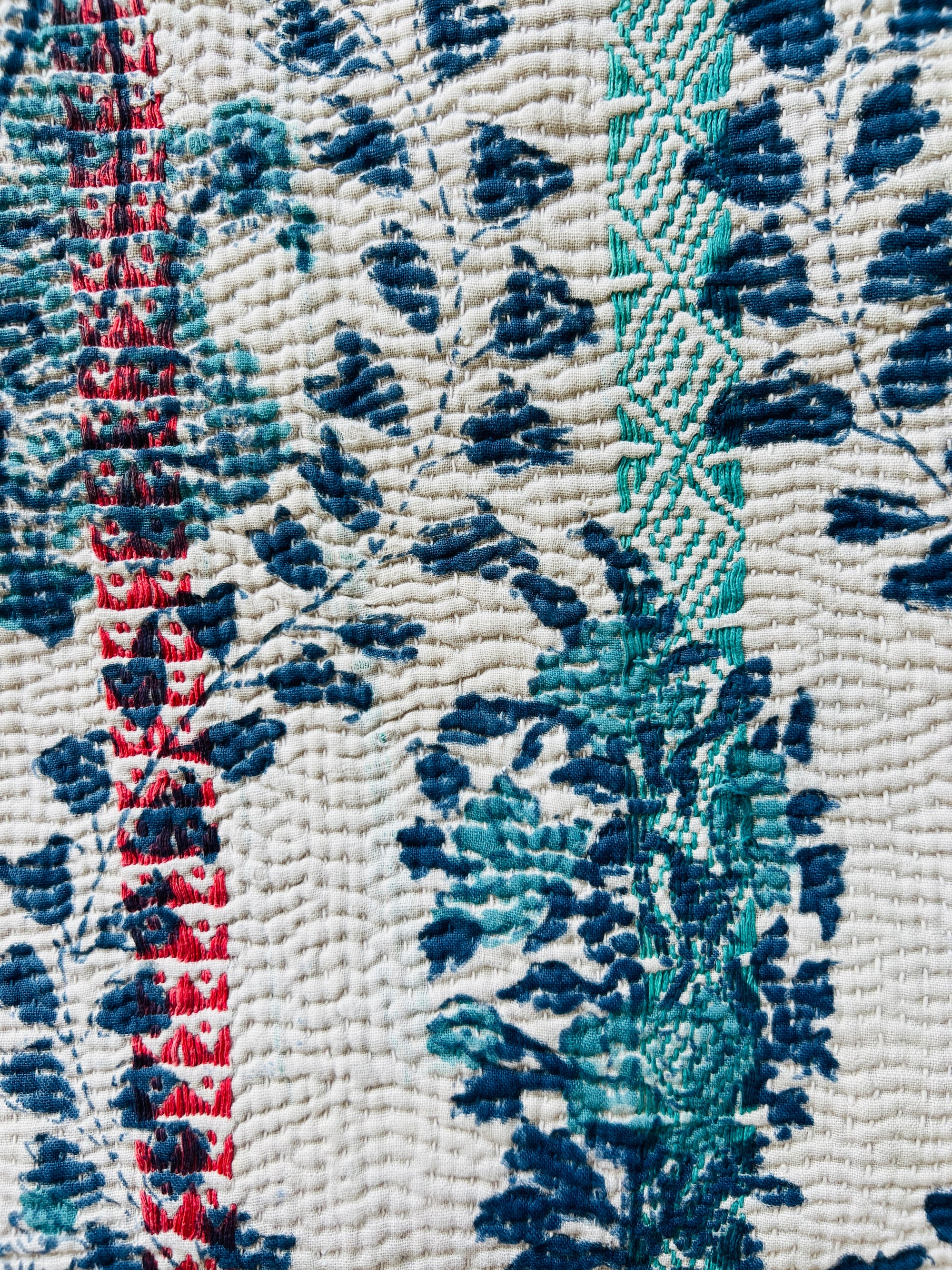 Hand Stitched and Hand Block Printed Kantha Throw - Paisley And Floral Stripe