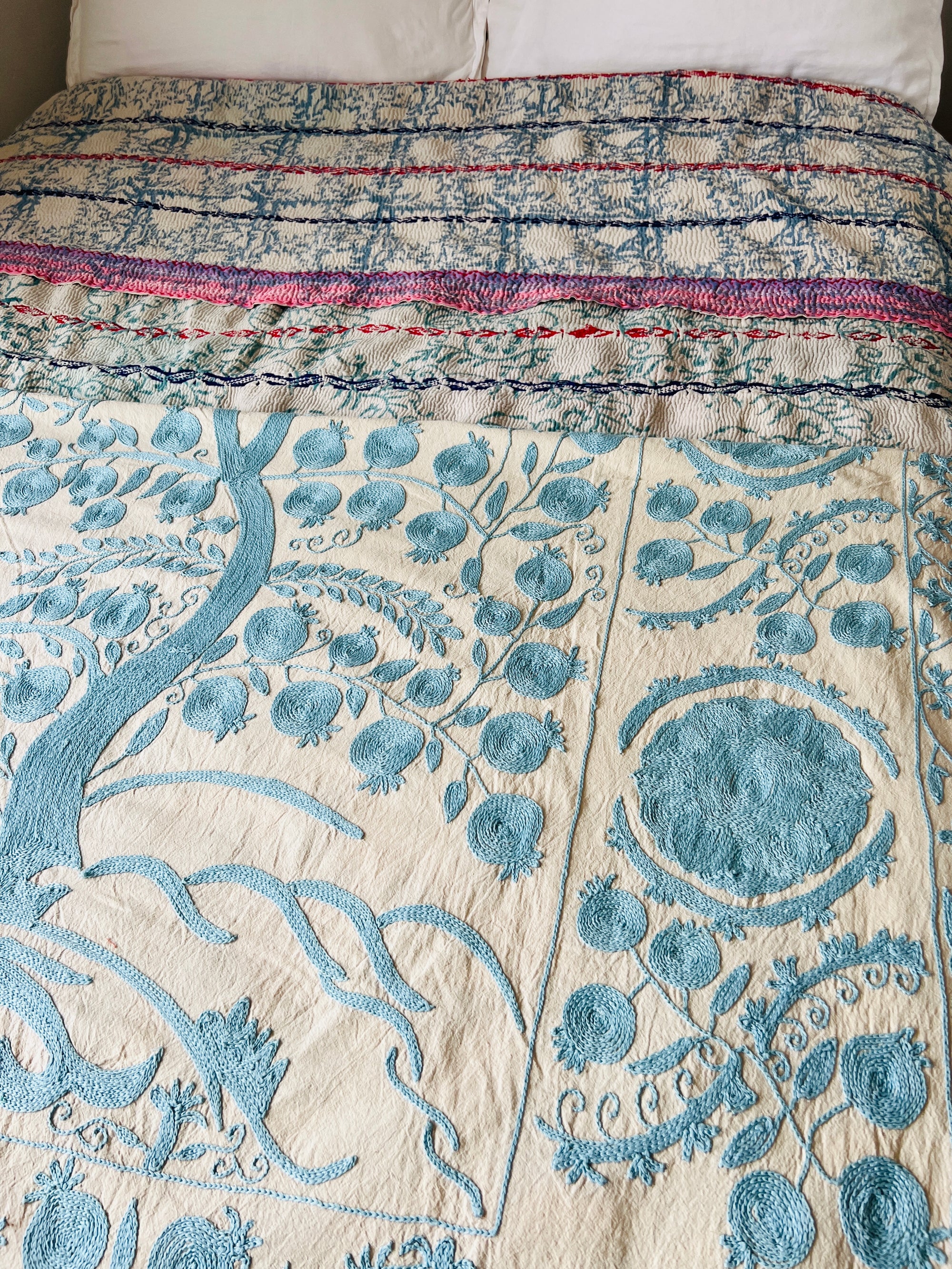Hand Embroidered Cotton Sozani Panel - Pale Blue