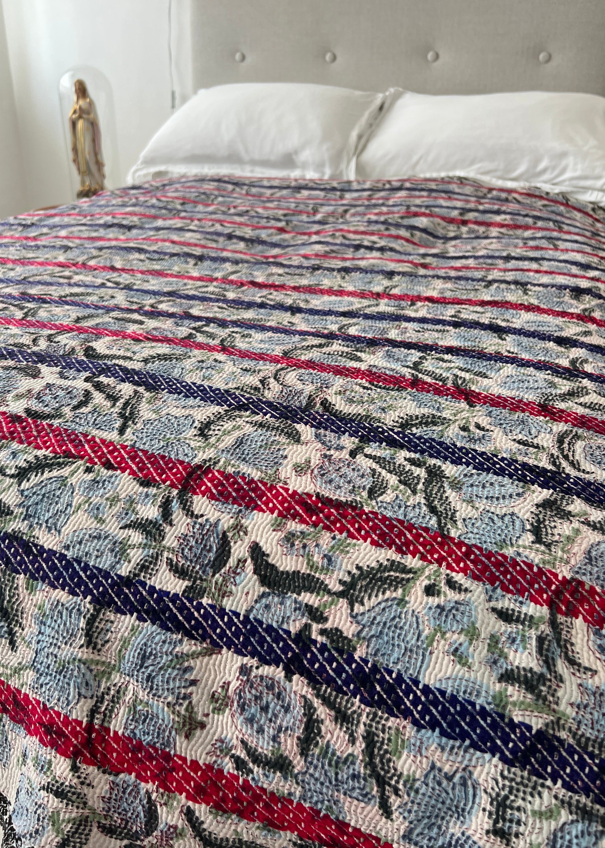 Hand Stitched and Hand Block Printed Kantha Throw - Bold Stripe