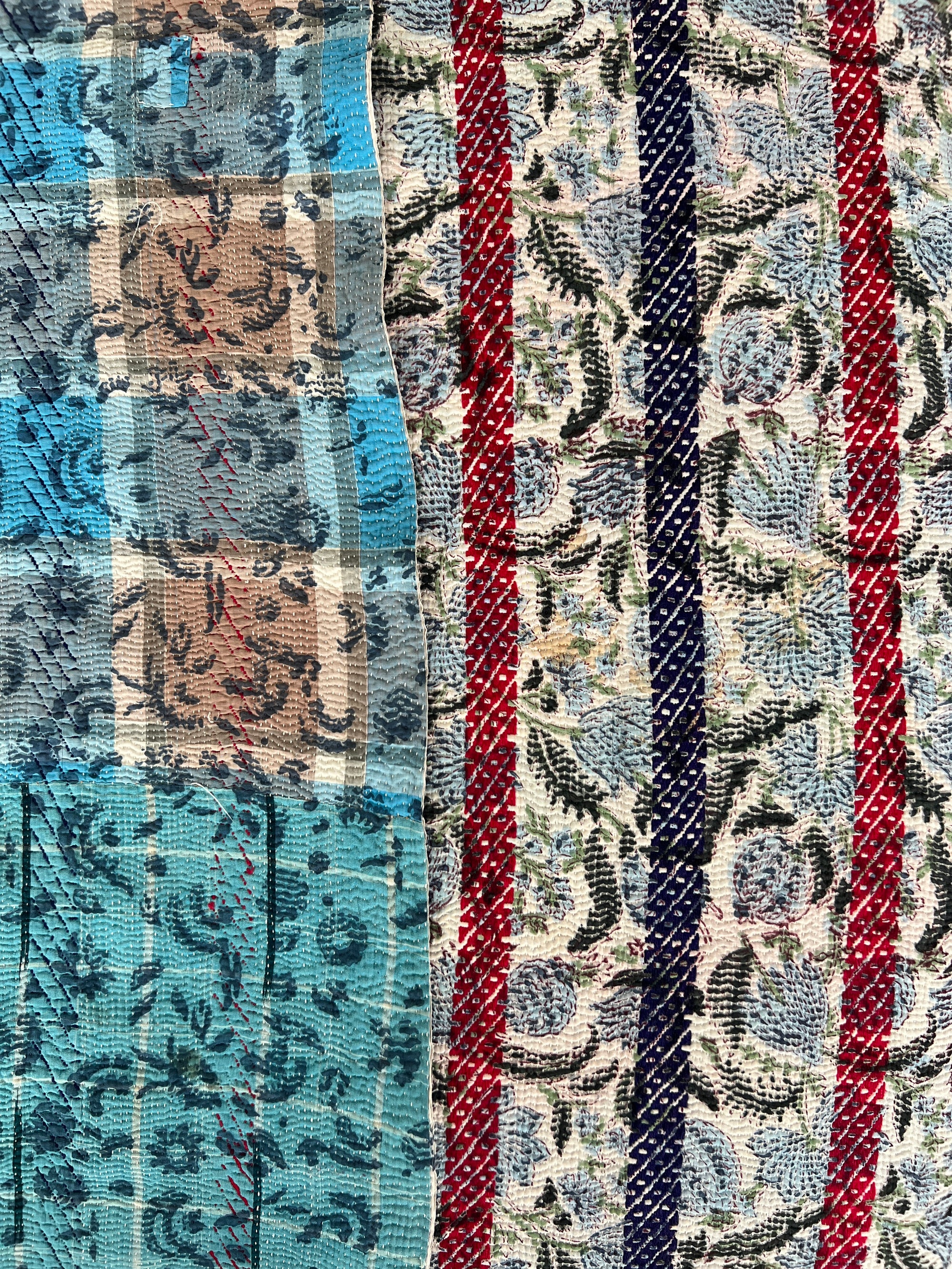 Hand Stitched and Hand Block Printed Kantha Throw - Bold Stripe