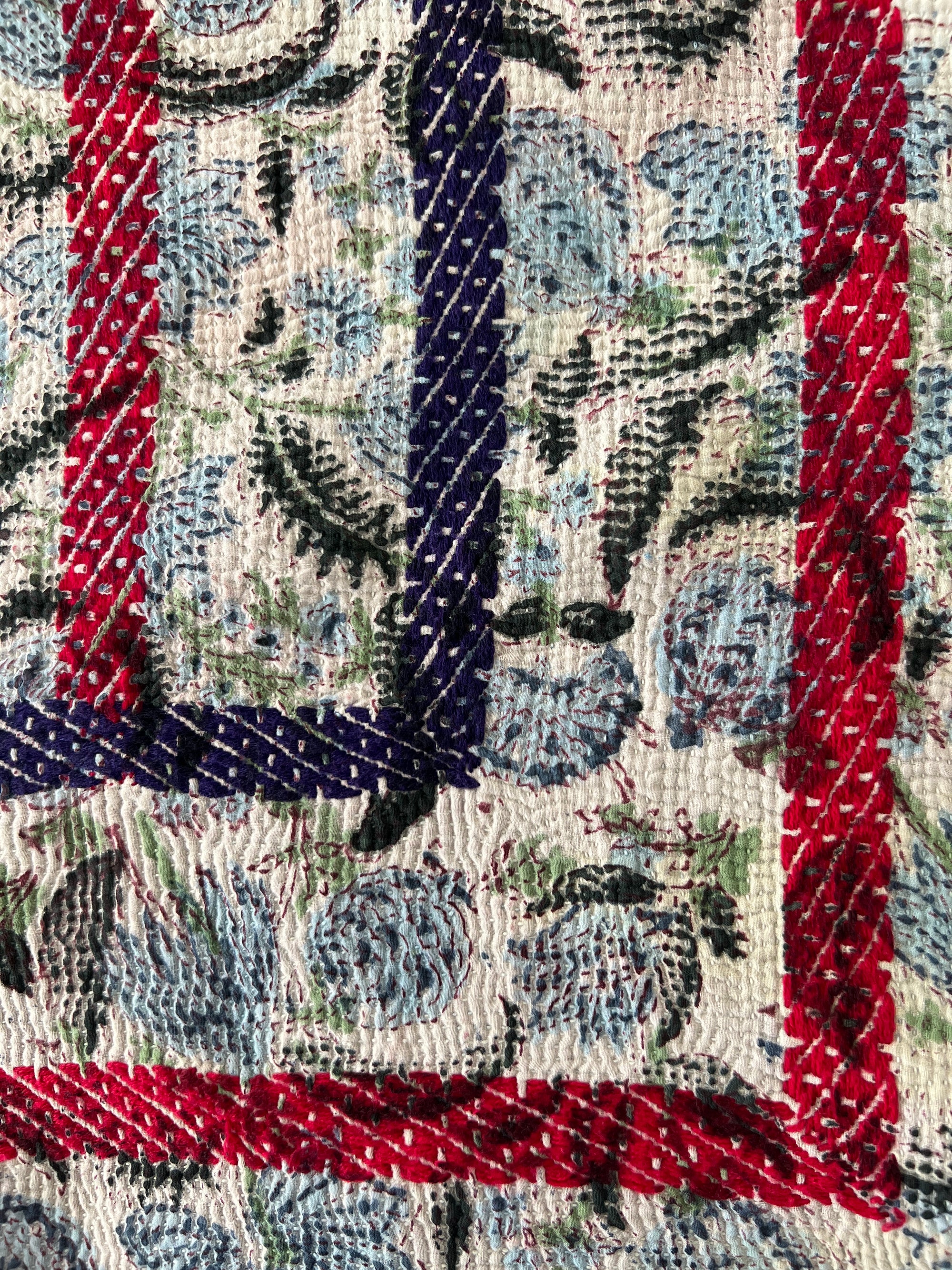 Hand Stitched and Hand Block Printed Kantha Throw - Bold Stripe