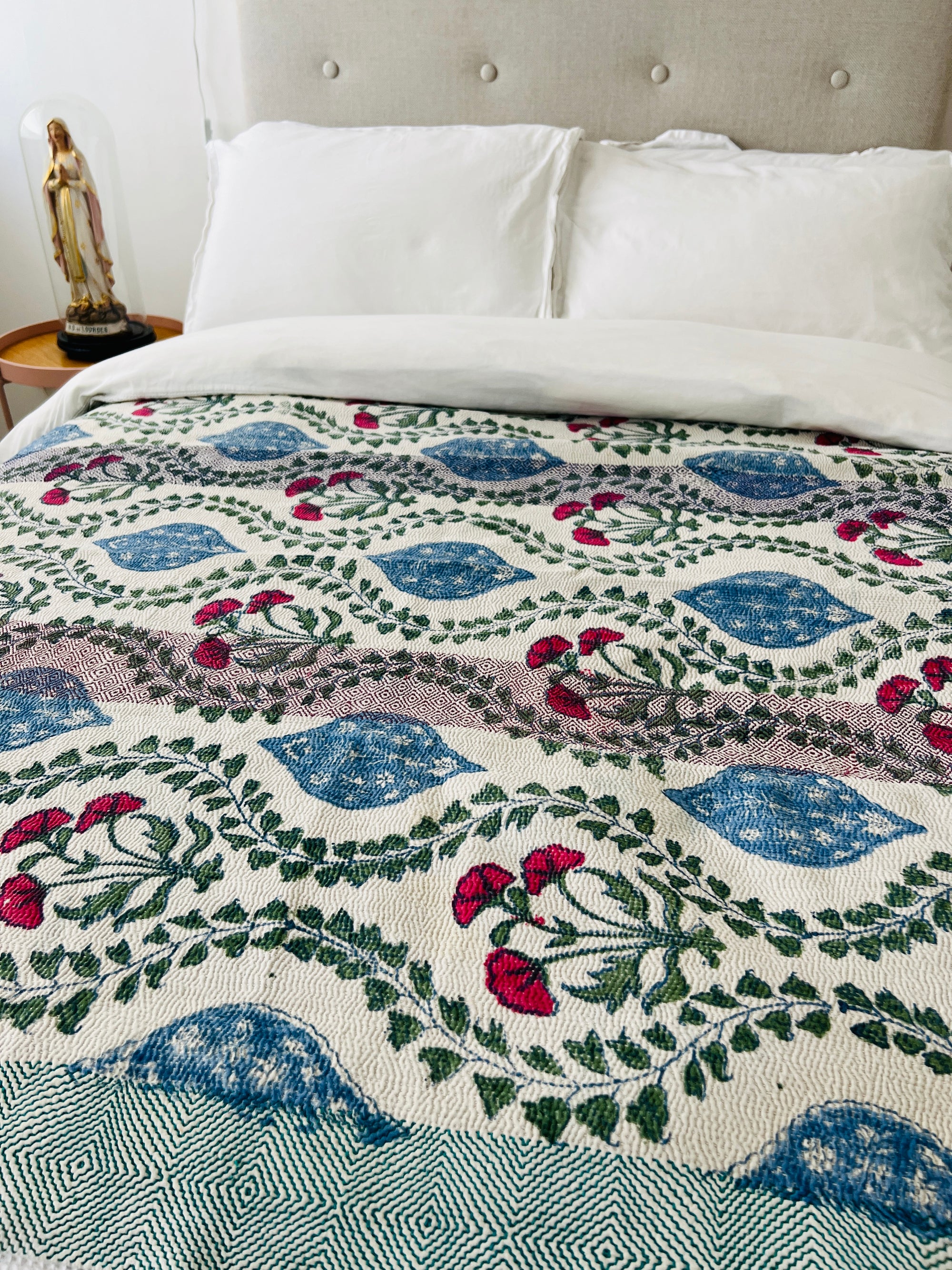 Hand Block Printed Kantha Throw - Floral Stripe
