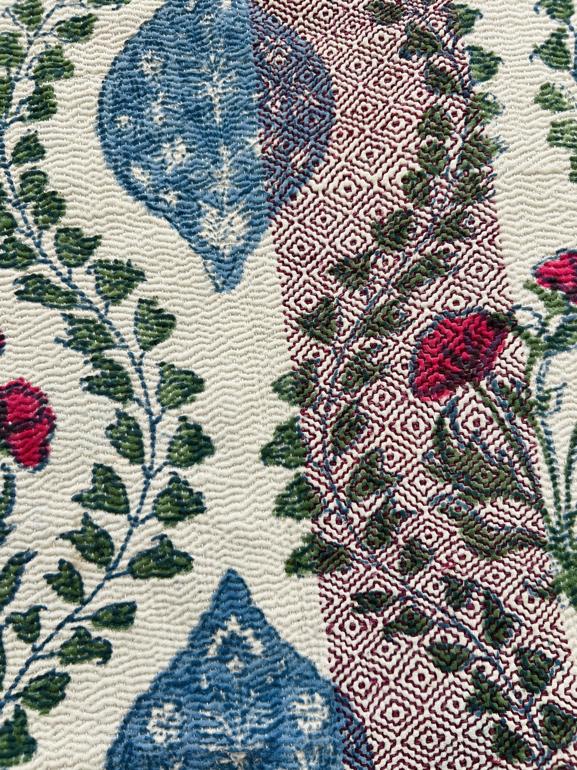 Hand Block Printed Kantha Throw - Floral Stripe