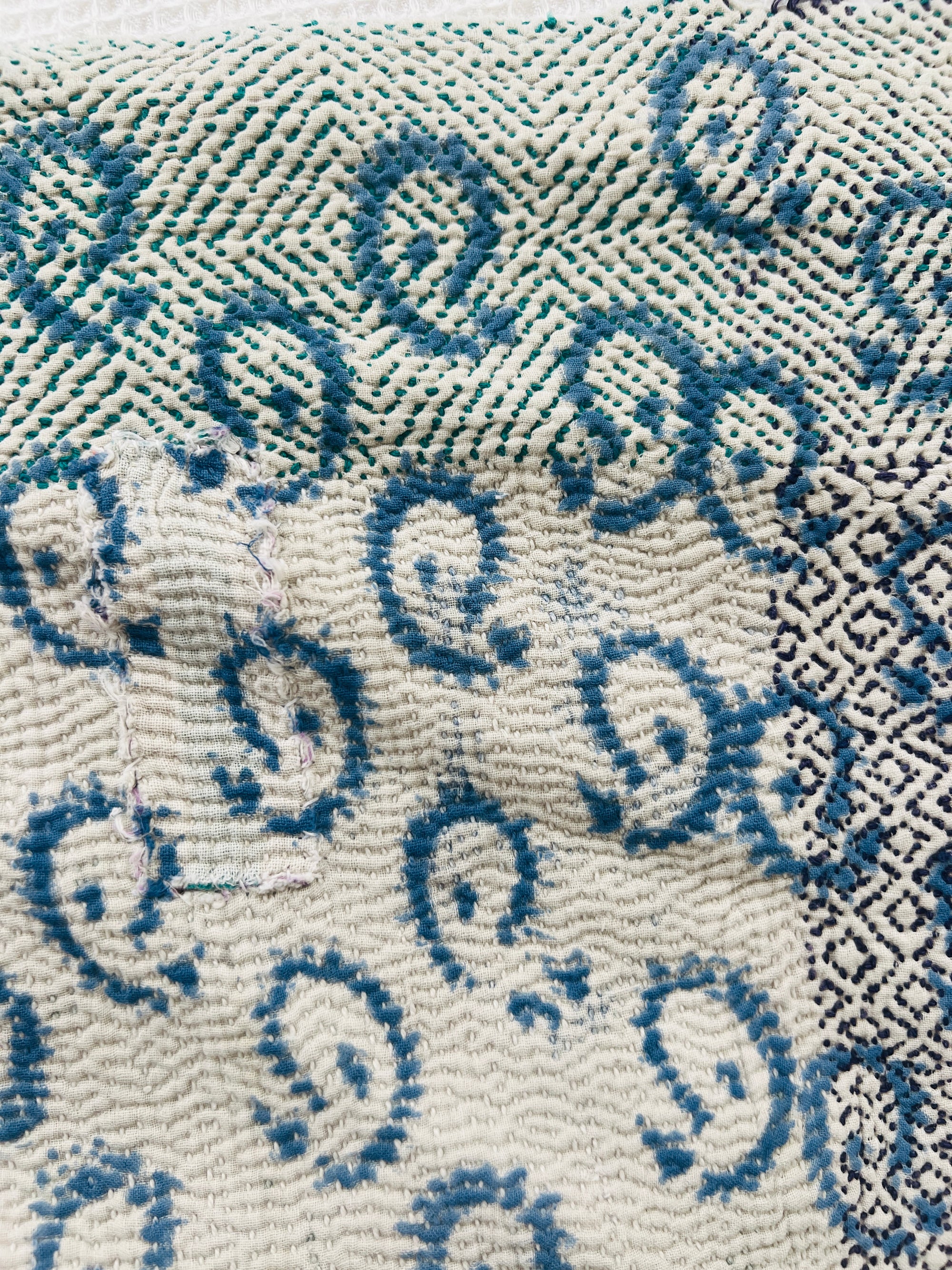Hand Block Printed Kantha Throw - Floral Stripe