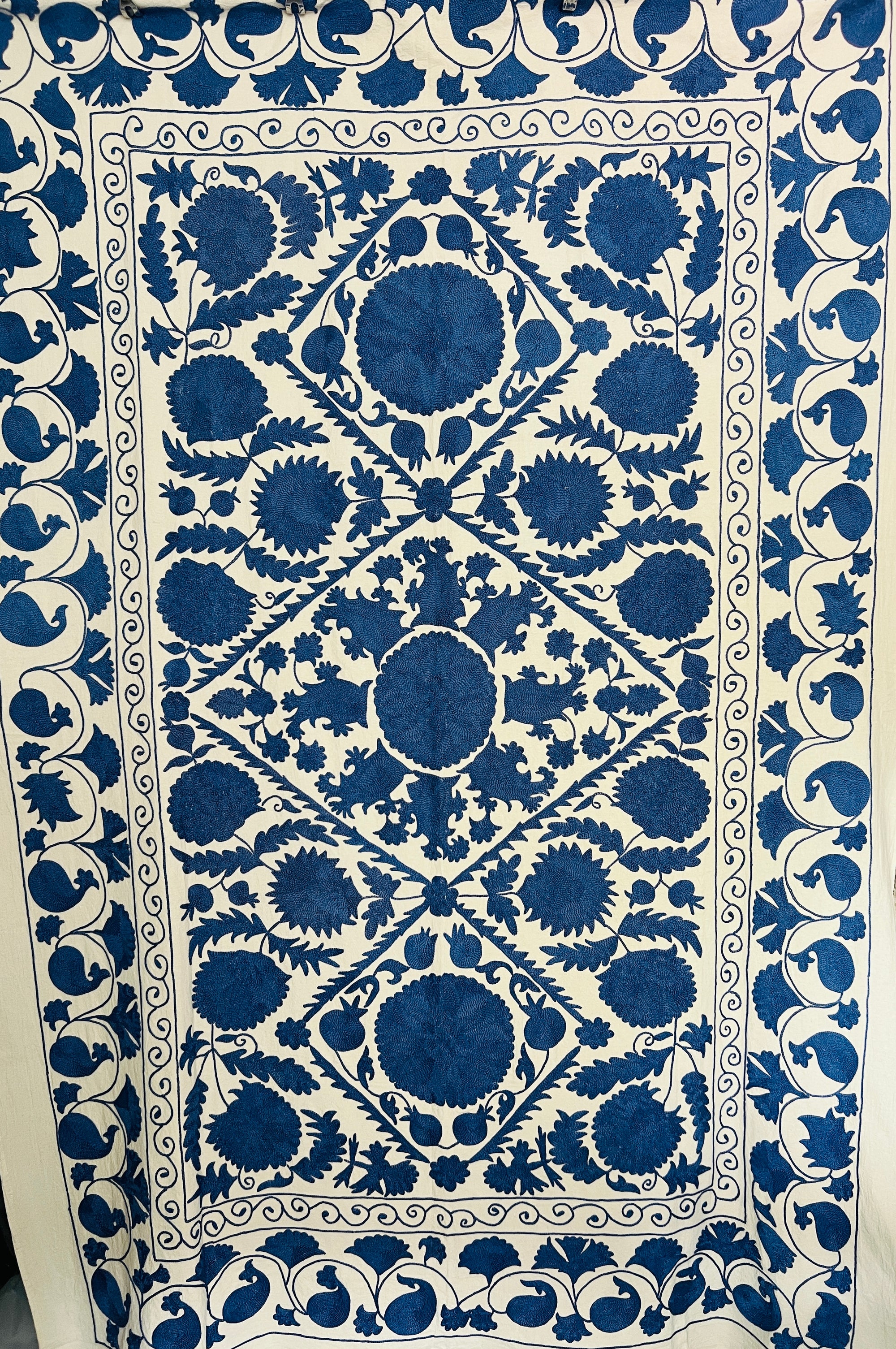 Hand Embroidered Cotton Sozani Panel - Deep Blue