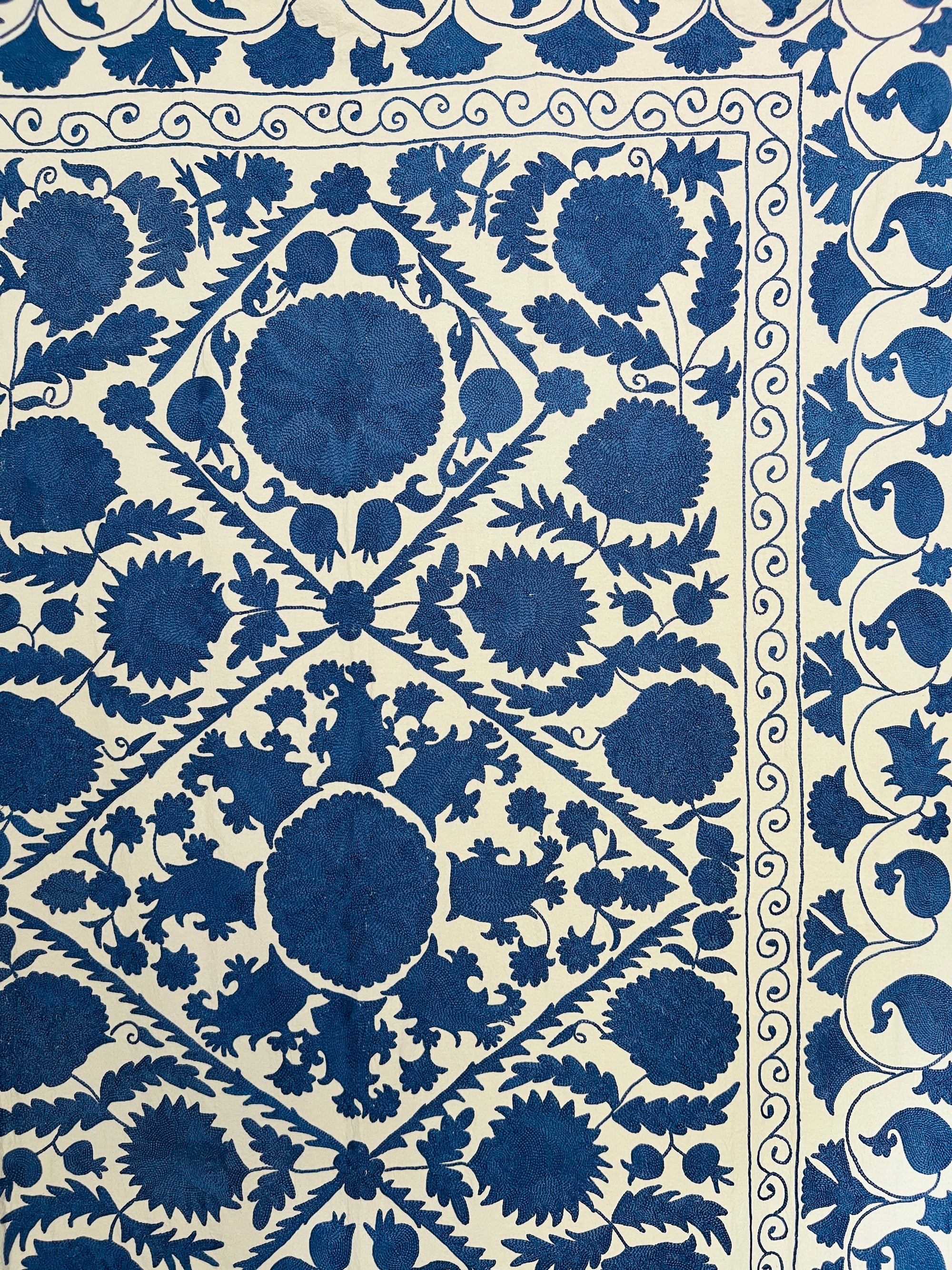 Hand Embroidered Cotton Sozani Panel - Deep Blue