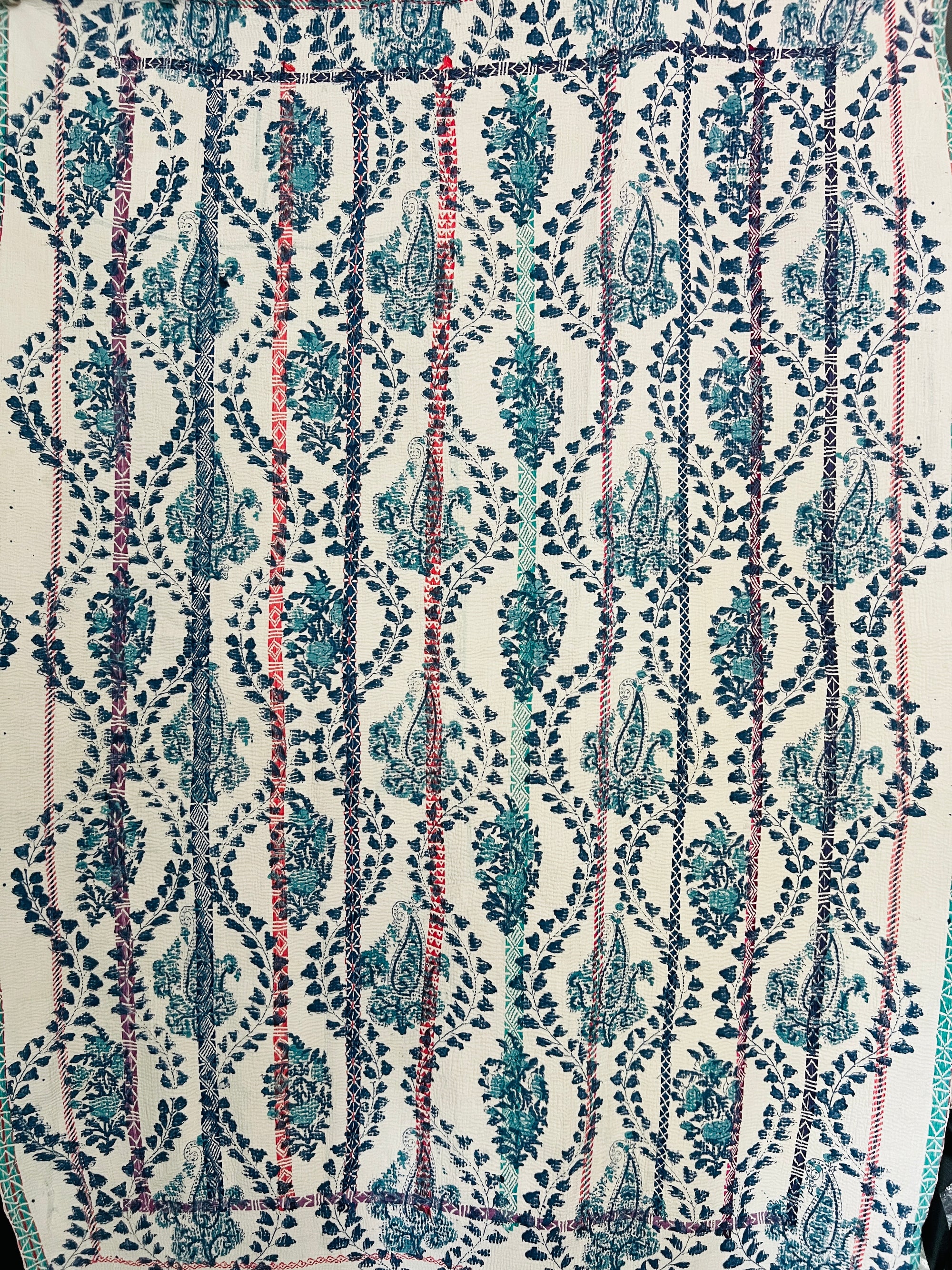 Hand Stitched and Hand Block Printed Kantha Throw - Paisley And Floral Stripe