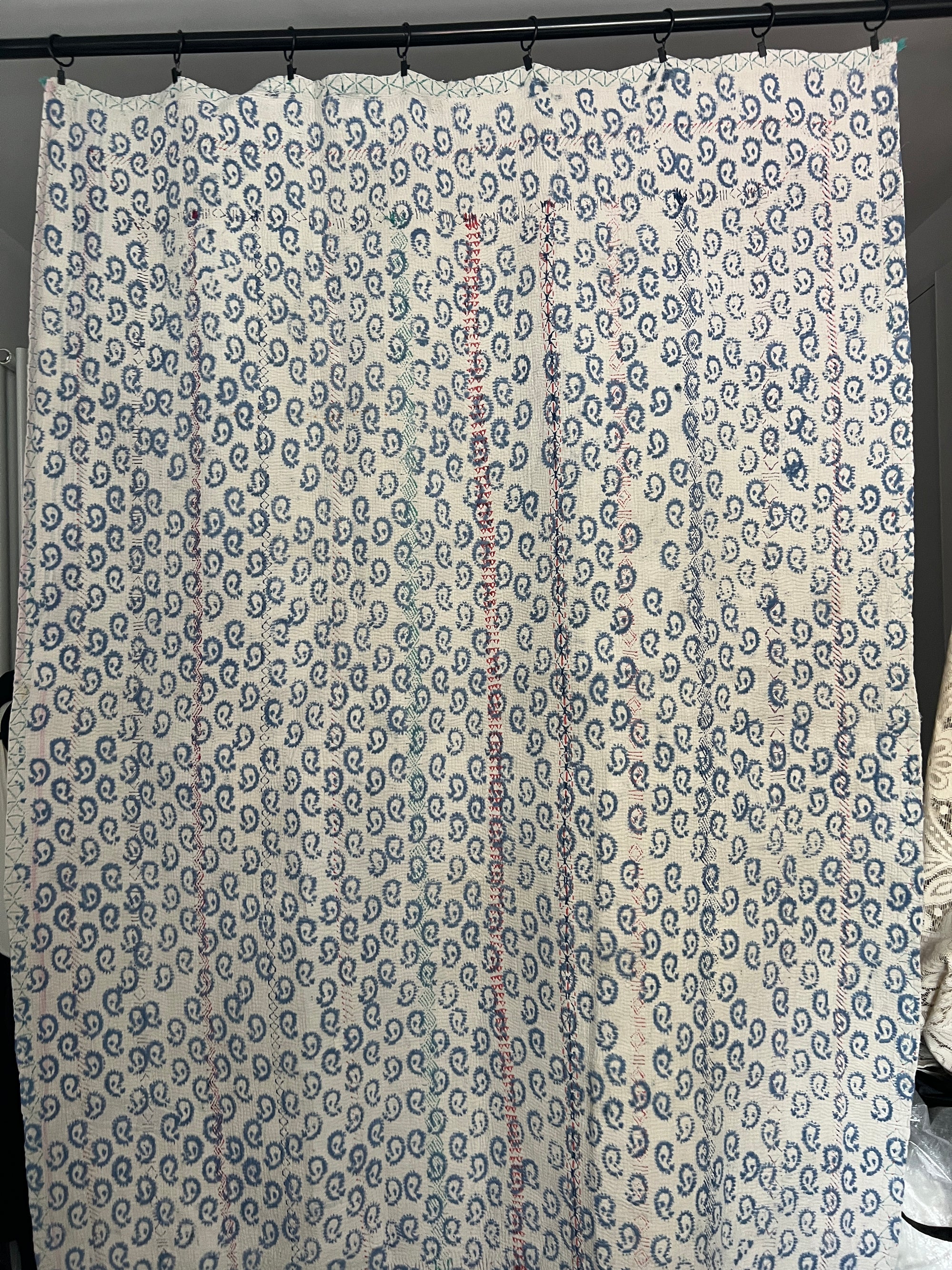 Hand Stitched and Hand Block Printed Kantha Throw - Paisley And Floral Stripe