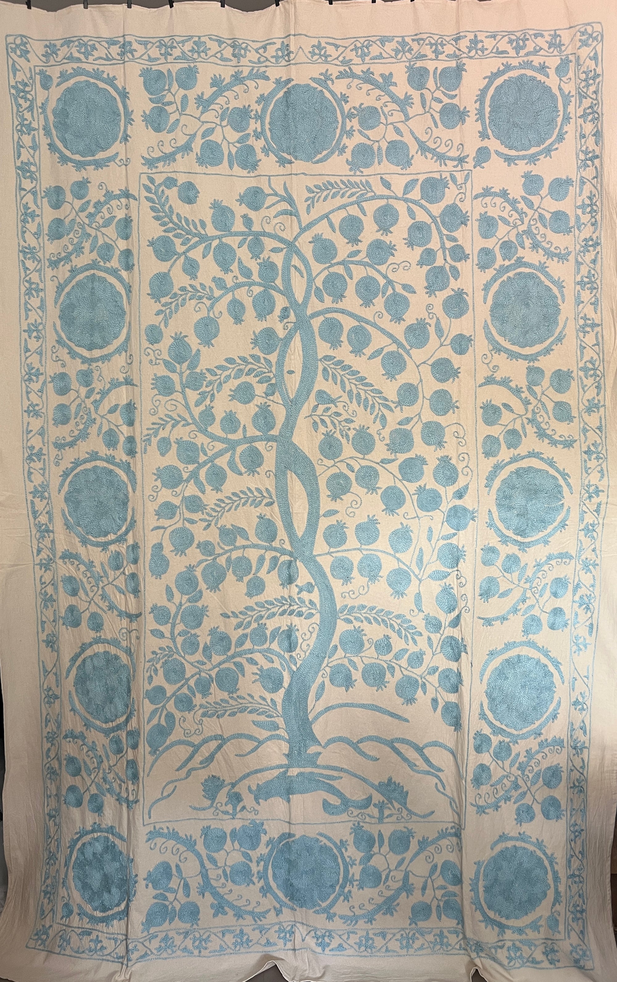 Hand Embroidered Cotton Sozani Panel - Pale Blue