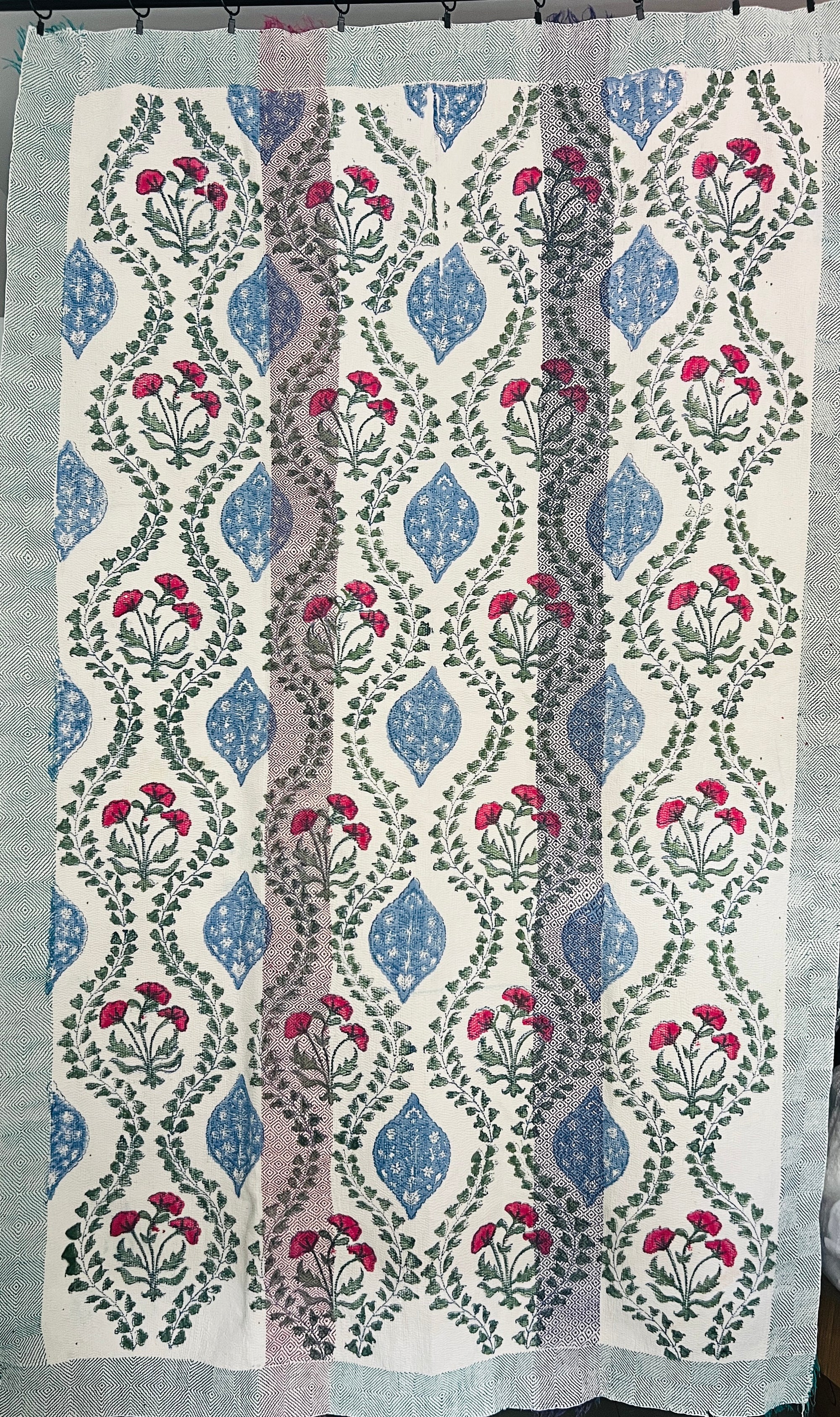 Hand Block Printed Kantha Throw - Floral Stripe