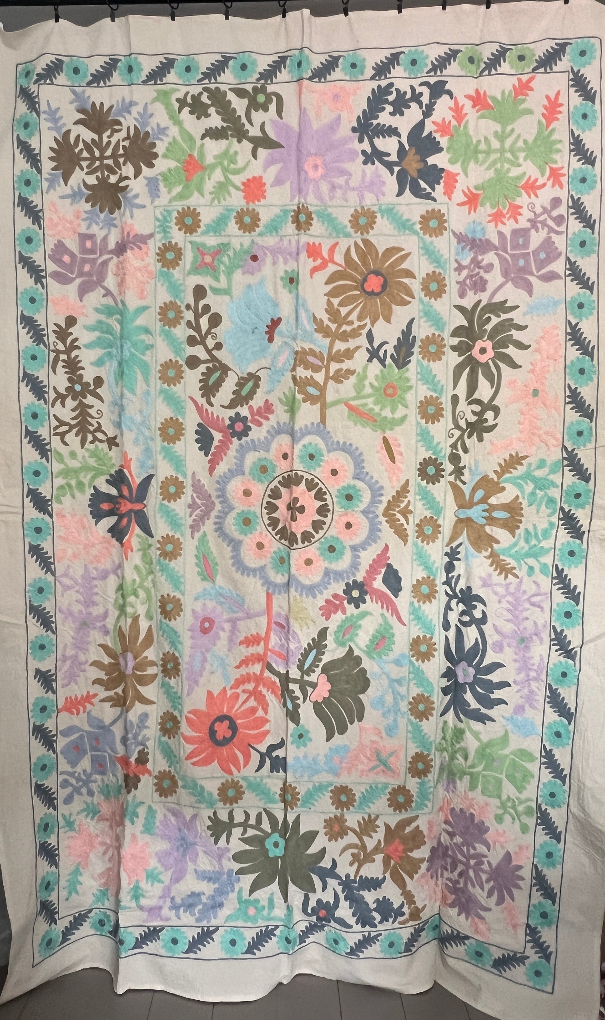 Hand Embroidered Cotton Sozani Panel - Pastels