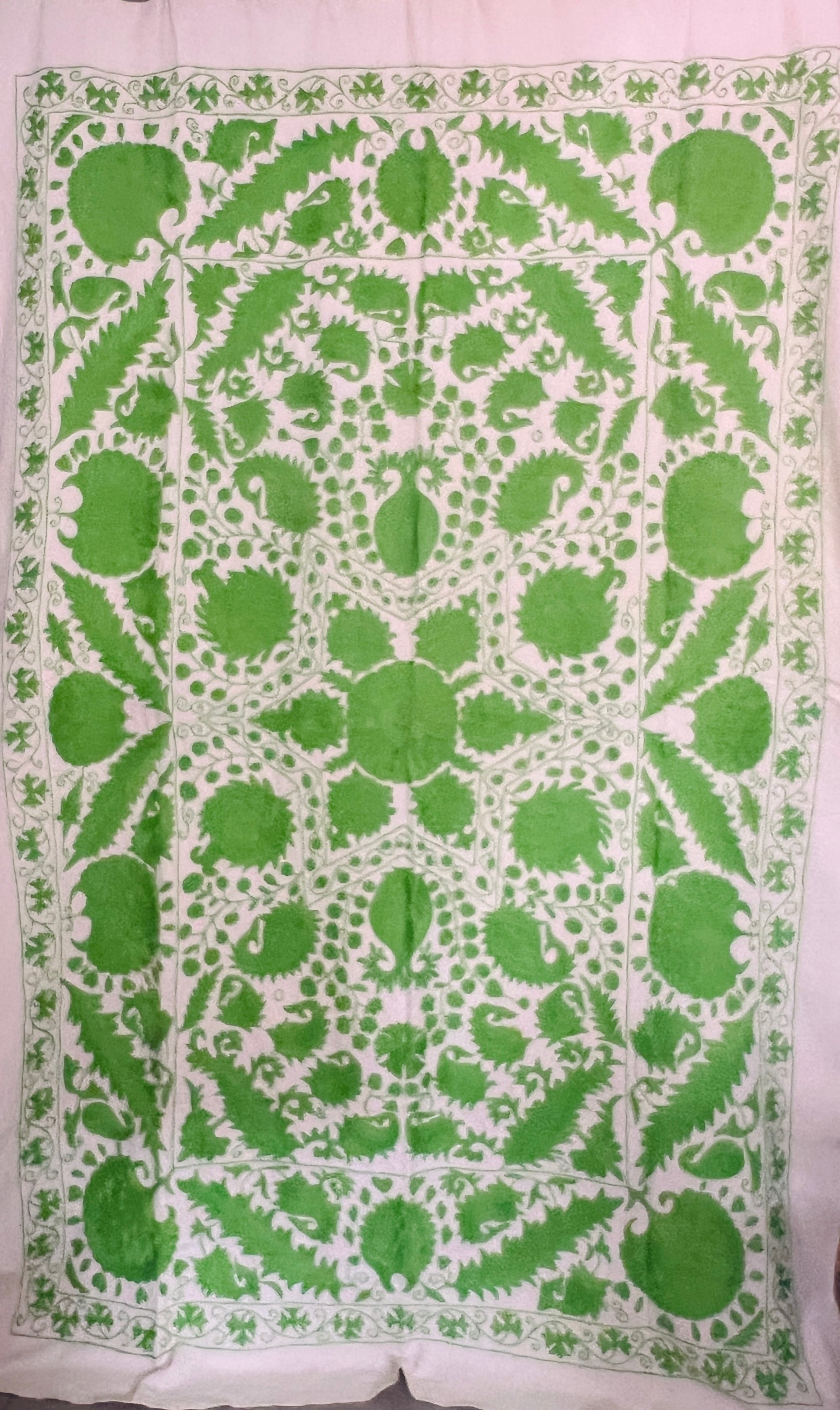 Hand Embroidered Cotton Sozani Panel - Pea Green