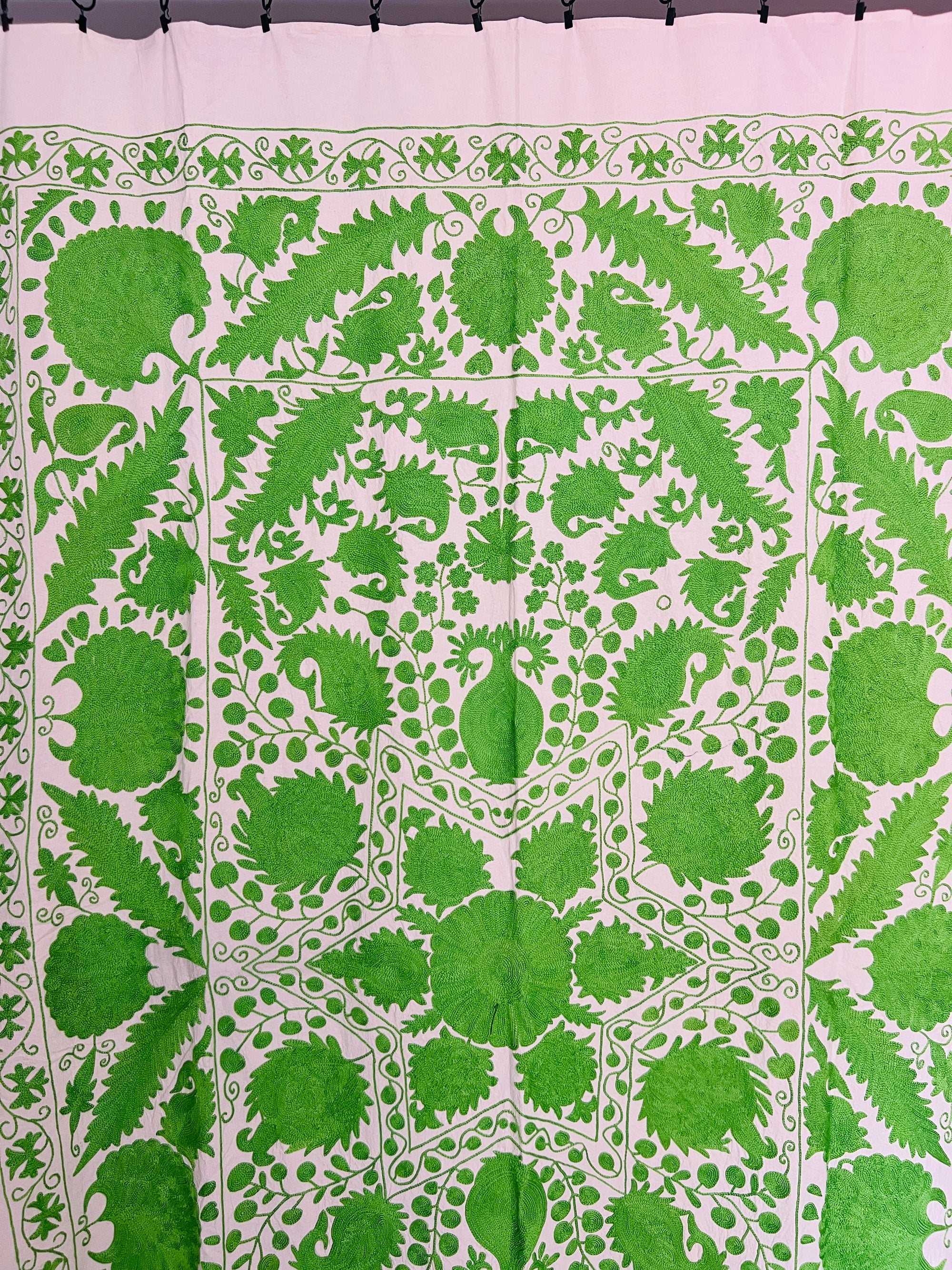 Hand Embroidered Cotton Sozani Panel - Pea Green