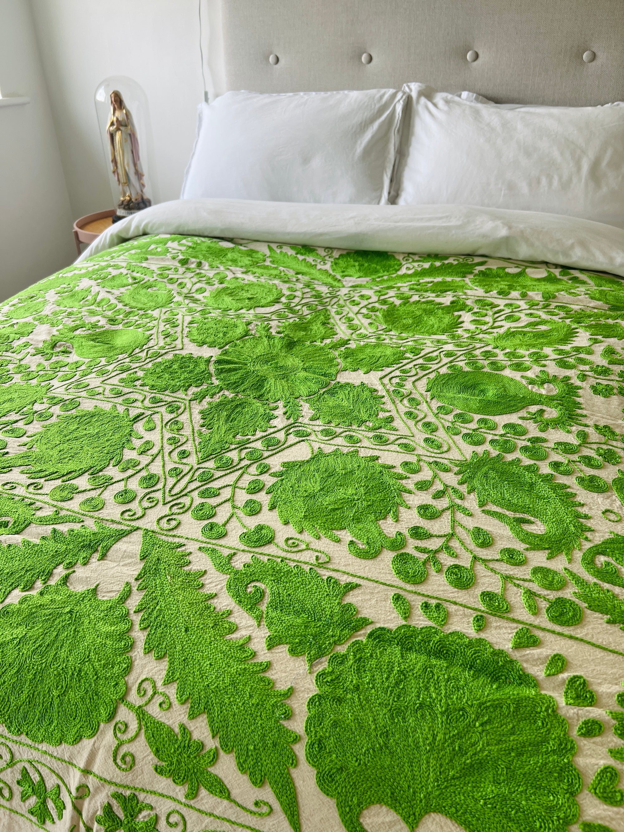 Hand Embroidered Cotton Sozani Panel - Pea Green