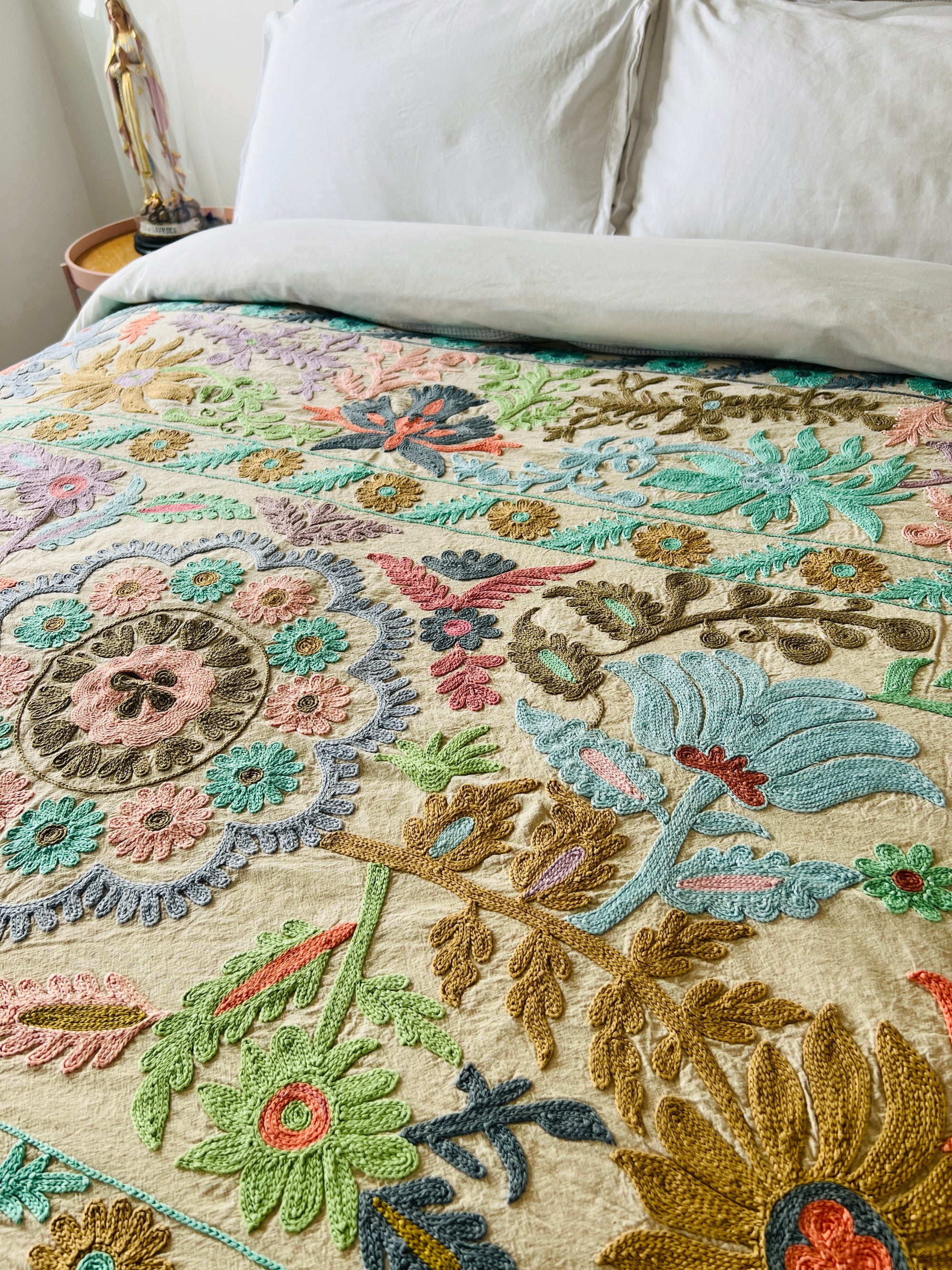 Hand Embroidered Cotton Sozani Panel - Pastels