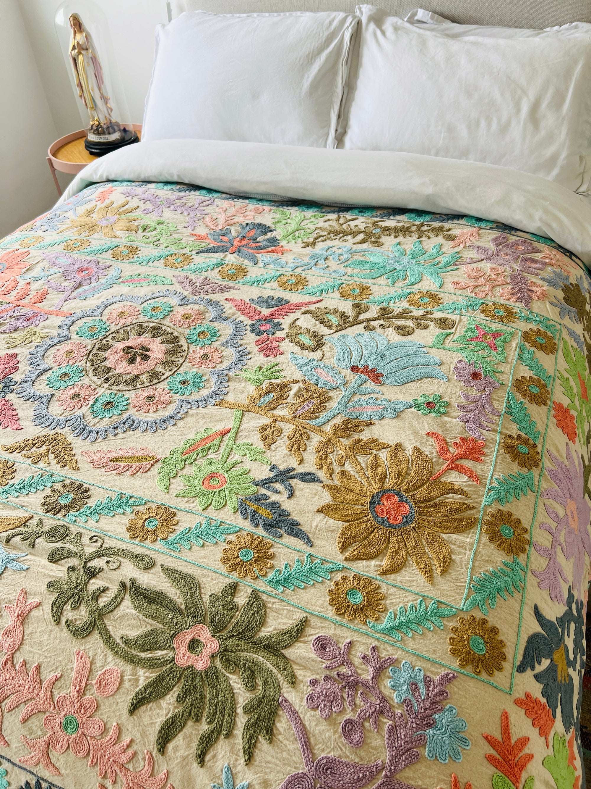 Hand Embroidered Cotton Sozani Panel - Pastels