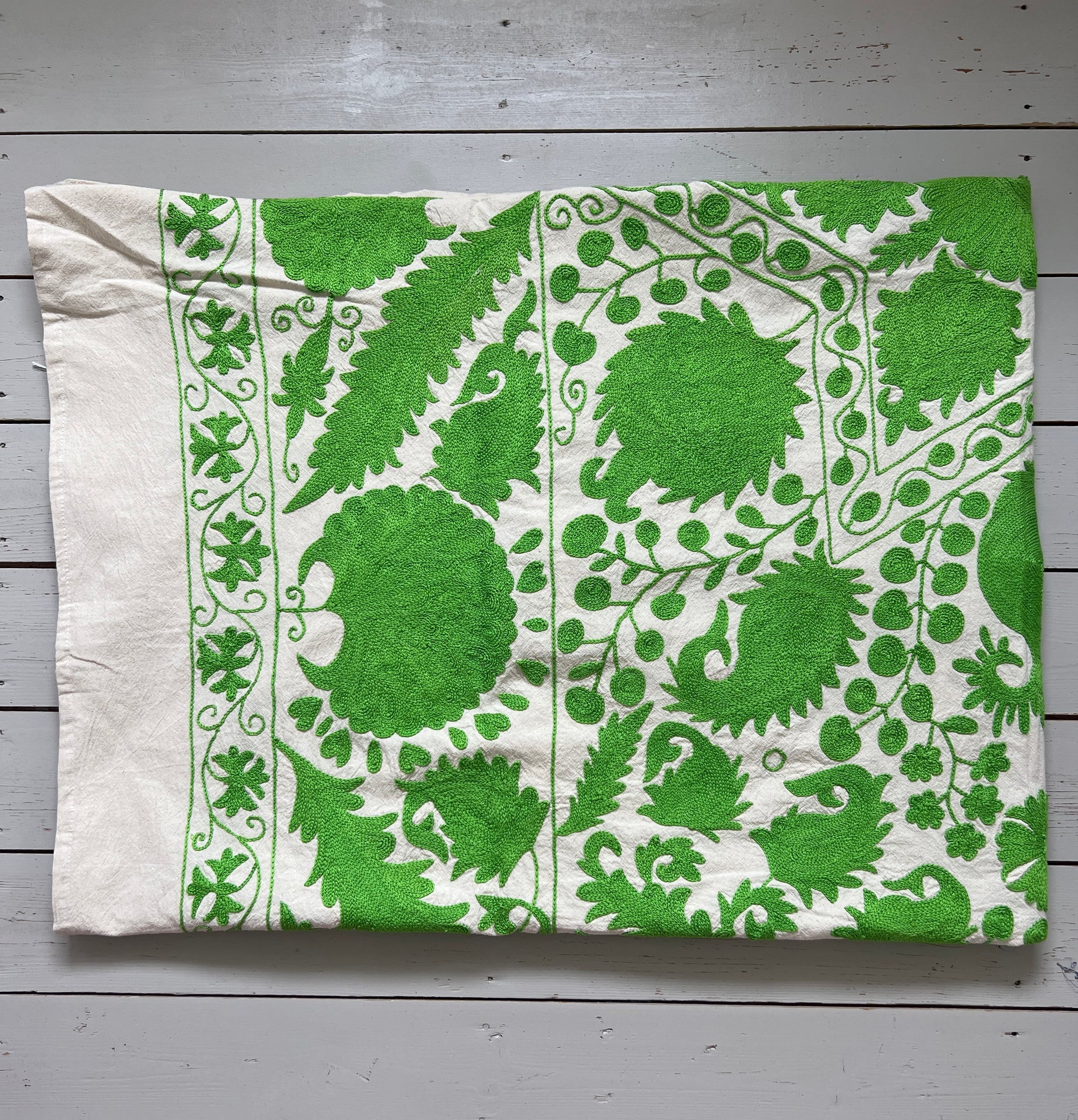 Hand Embroidered Cotton Sozani Panel - Pea Green