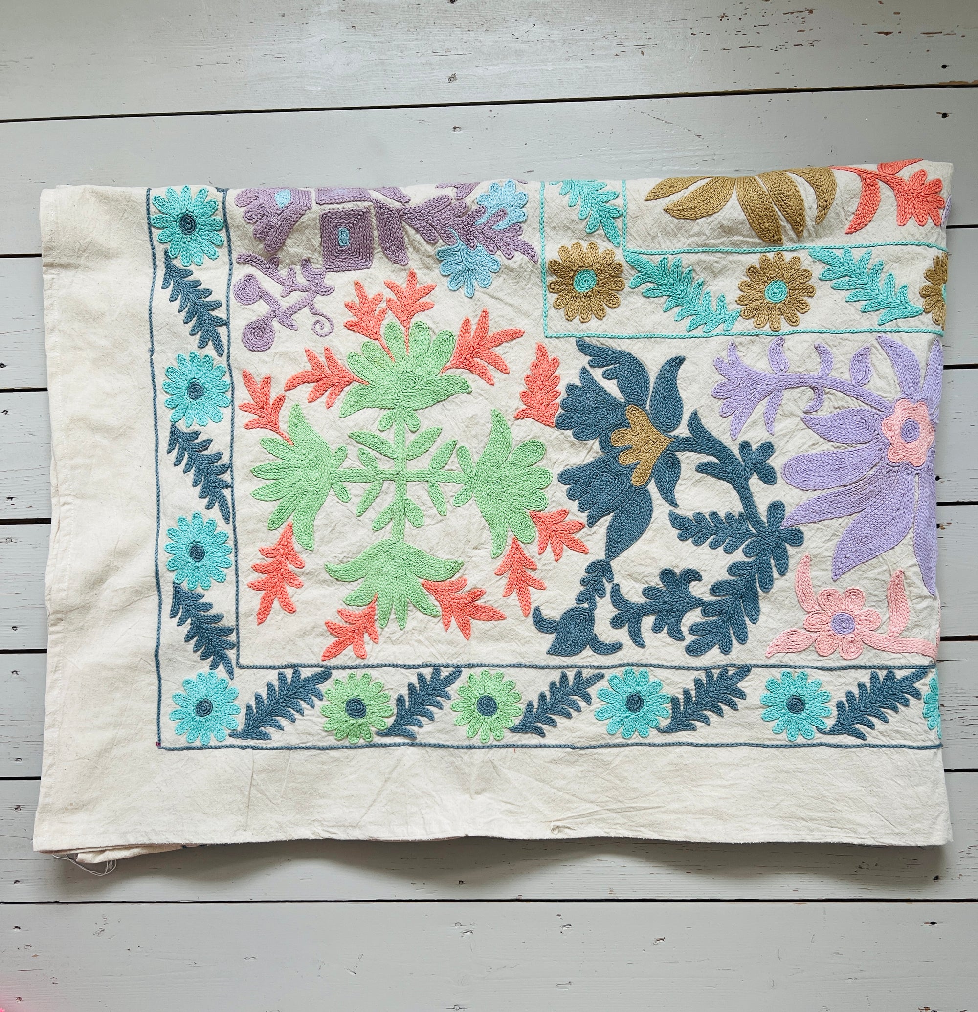 Hand Embroidered Cotton Sozani Panel - Pastels