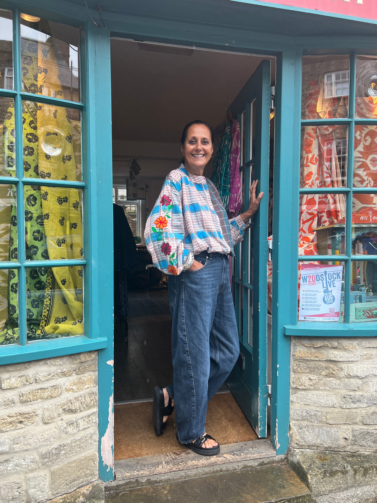 Embroidered Blouse - Blue And Grey Check