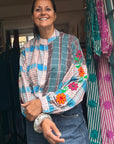 Embroidered Blouse - Blue And Grey Check