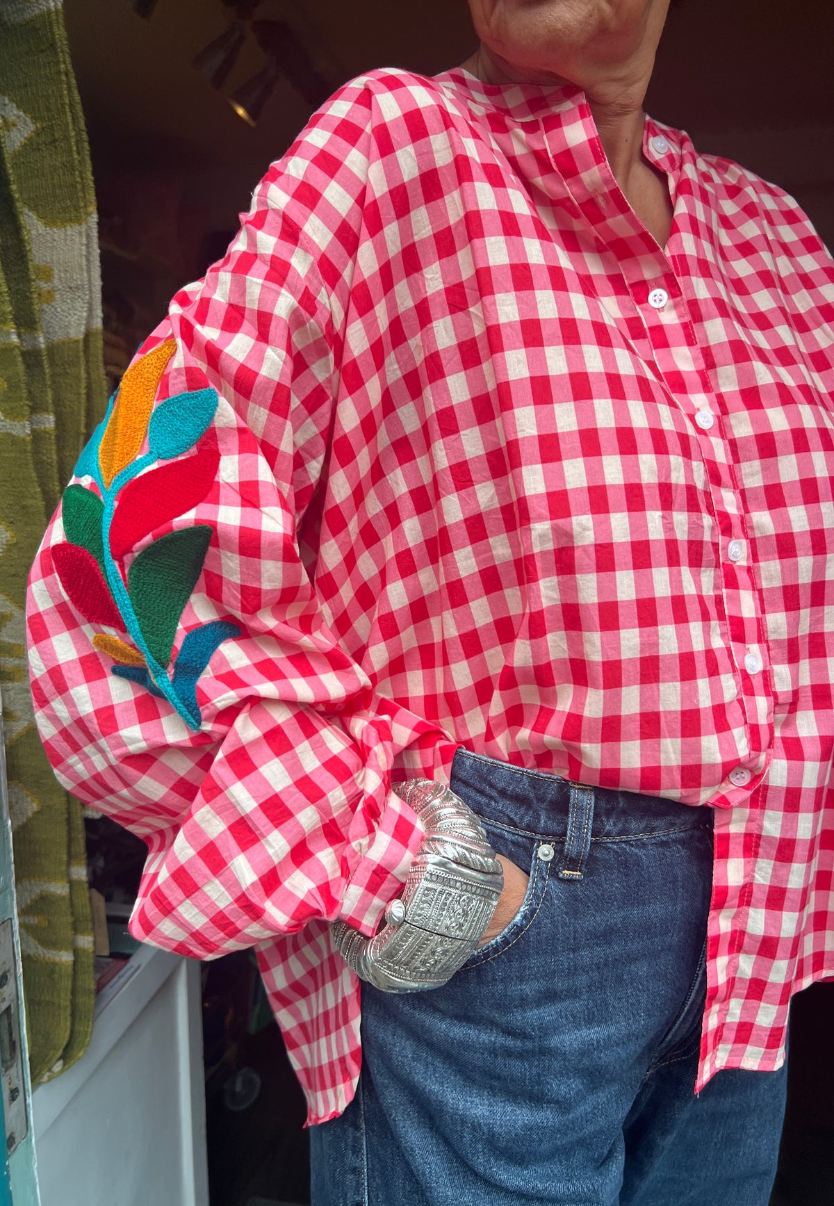 Embroidered Blouse - Red Check