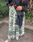 Embroidered Sozani Pattern Full Skirt - Sage and Off White