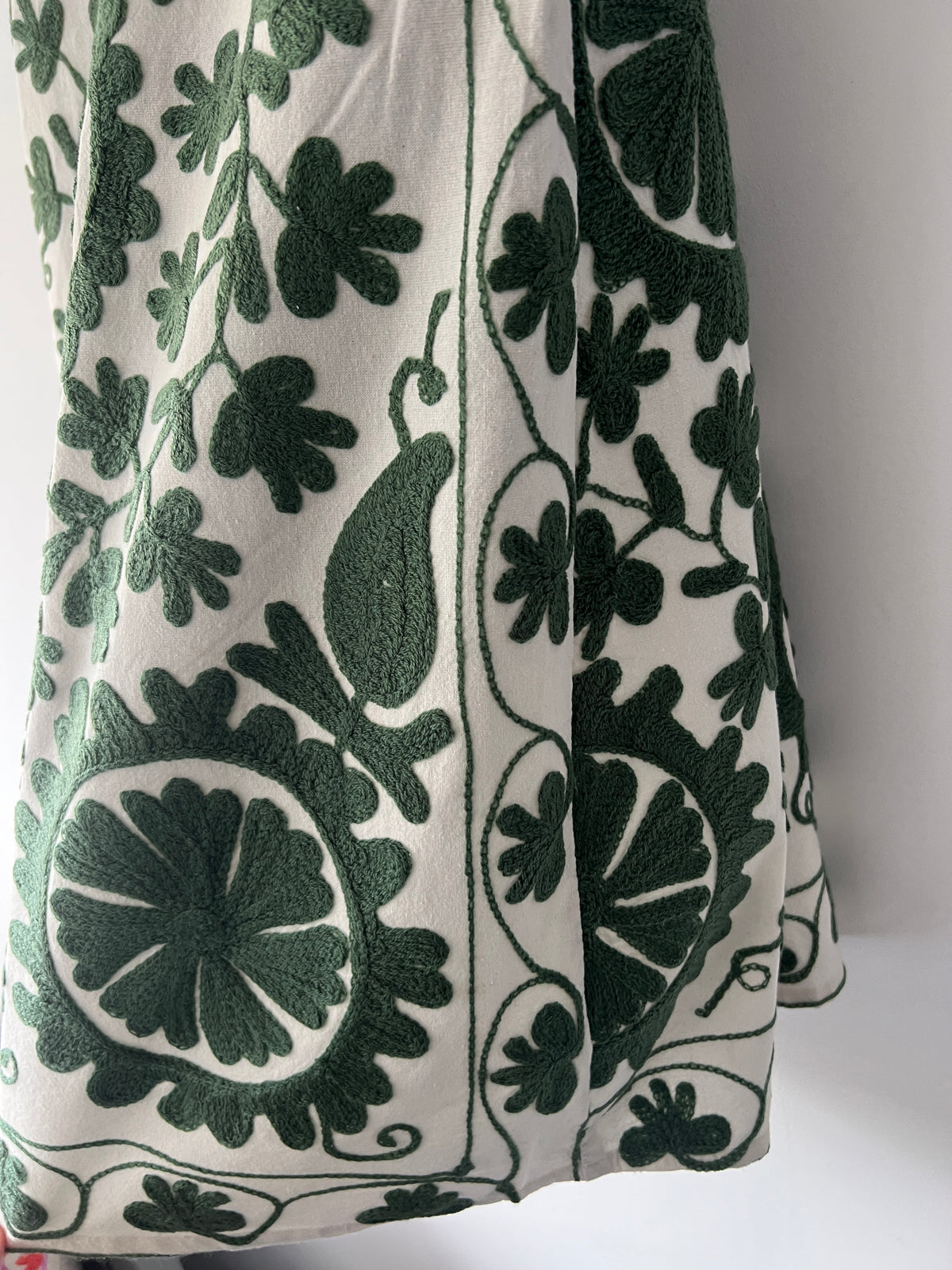 Embroidered Sozani Pattern Full Skirt - Sage and Off White