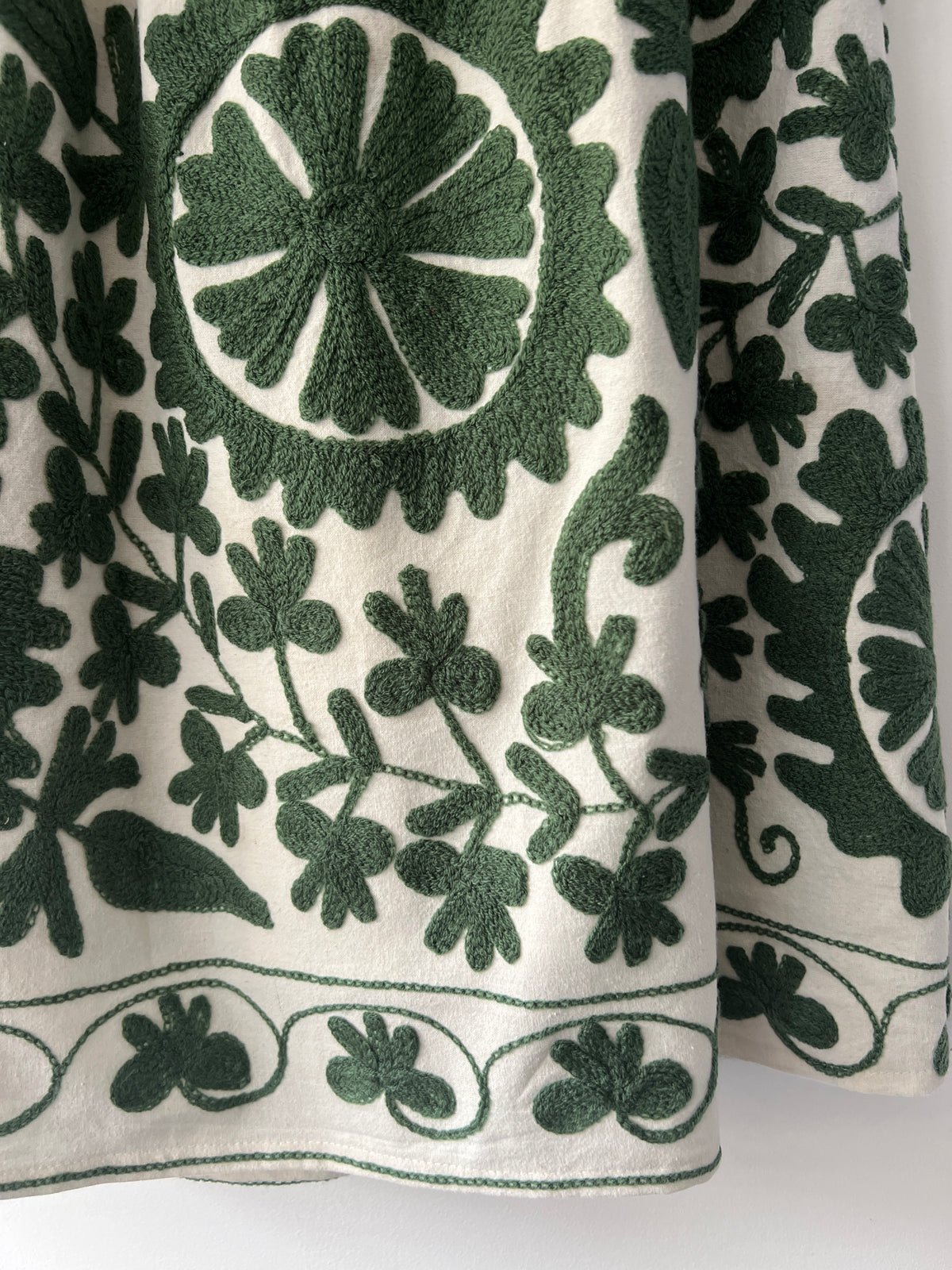 Embroidered Sozani Pattern Full Skirt - Sage and Off White