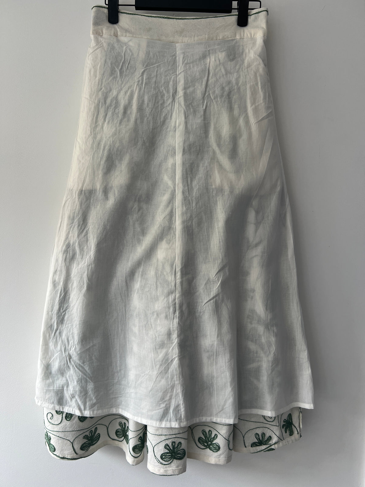 Embroidered Sozani Pattern Full Skirt - Sage and Off White