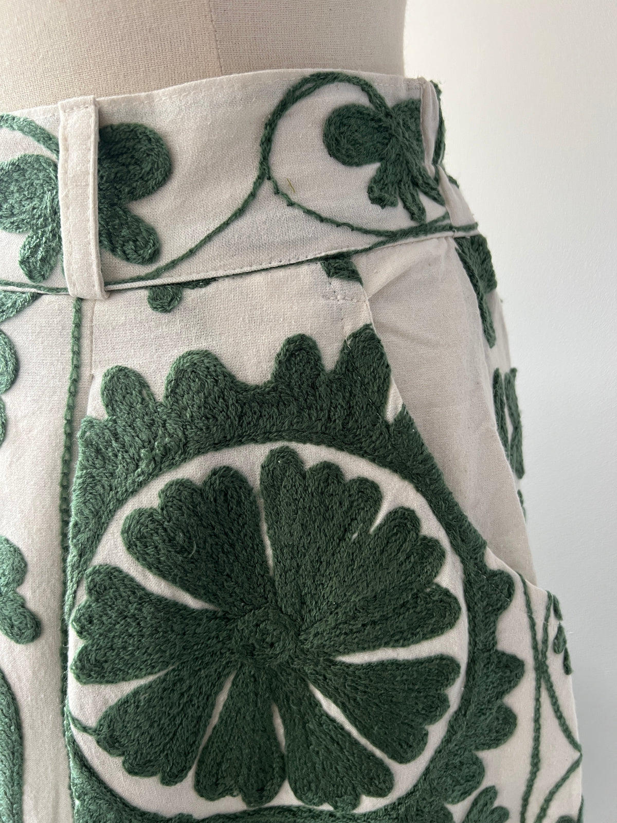 Embroidered Sozani Pattern Full Skirt - Sage and Off White