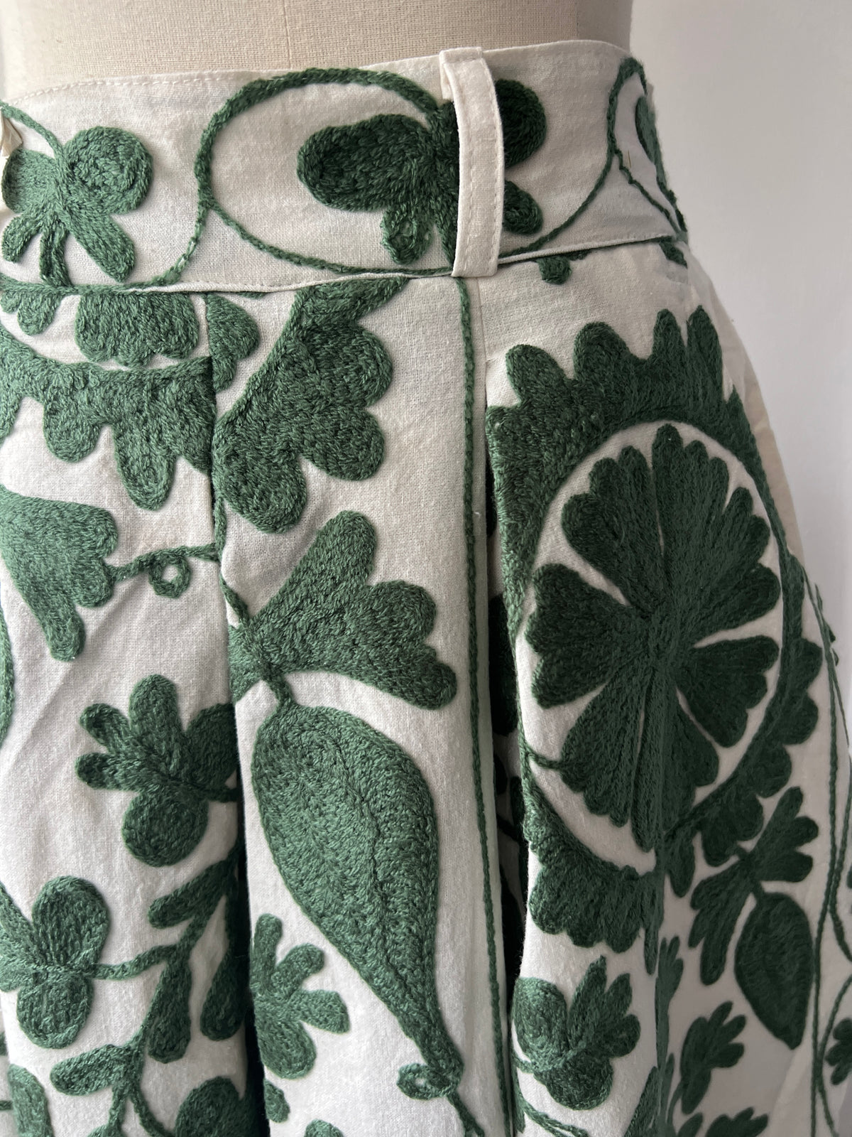 Embroidered Sozani Pattern Full Skirt - Sage and Off White