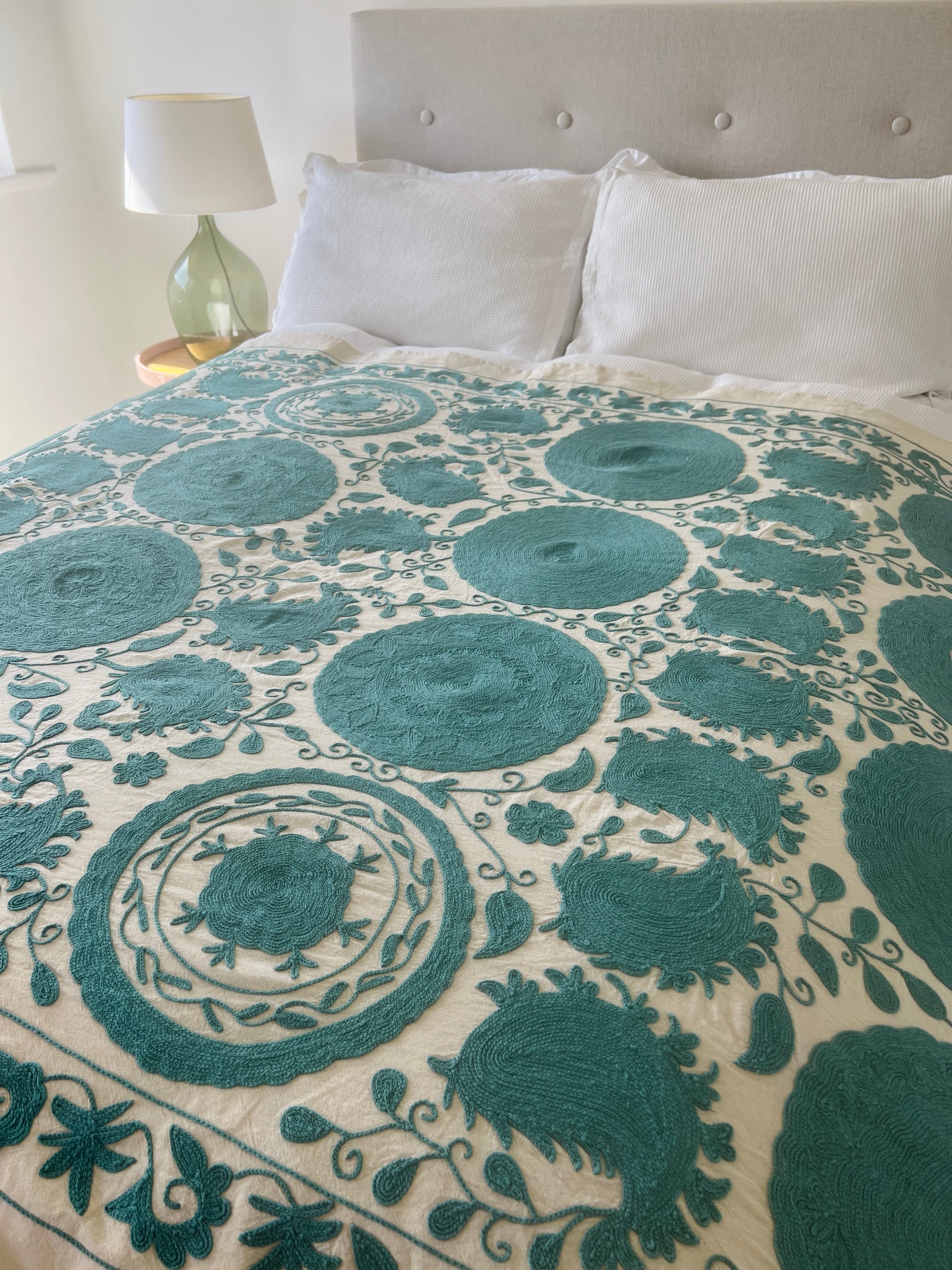 Cotton Hand Embroidered Sozani Throw - Soft Teal