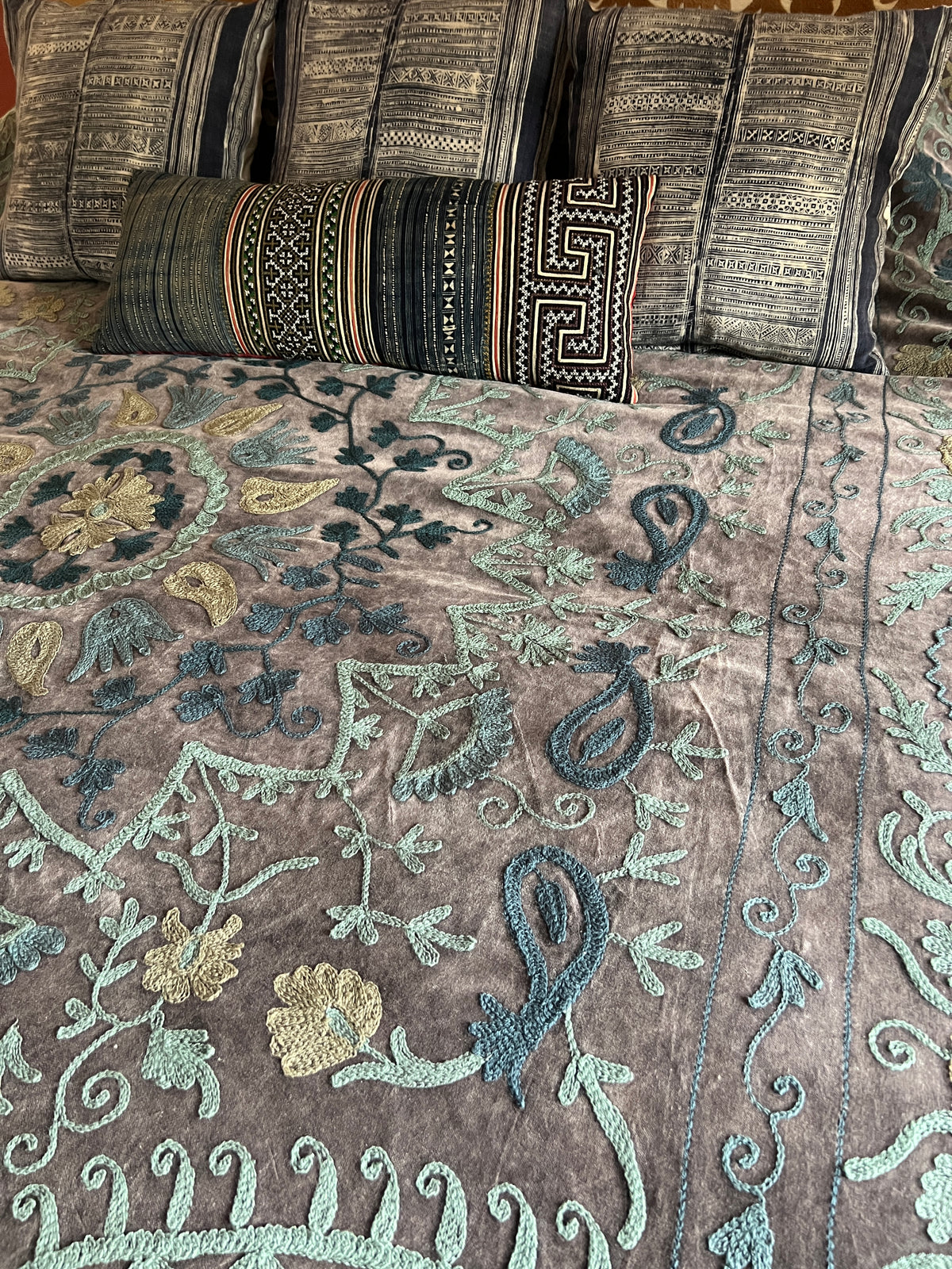 Cotton Velvet Embroidered Suzani Bedcover - Rose Grey