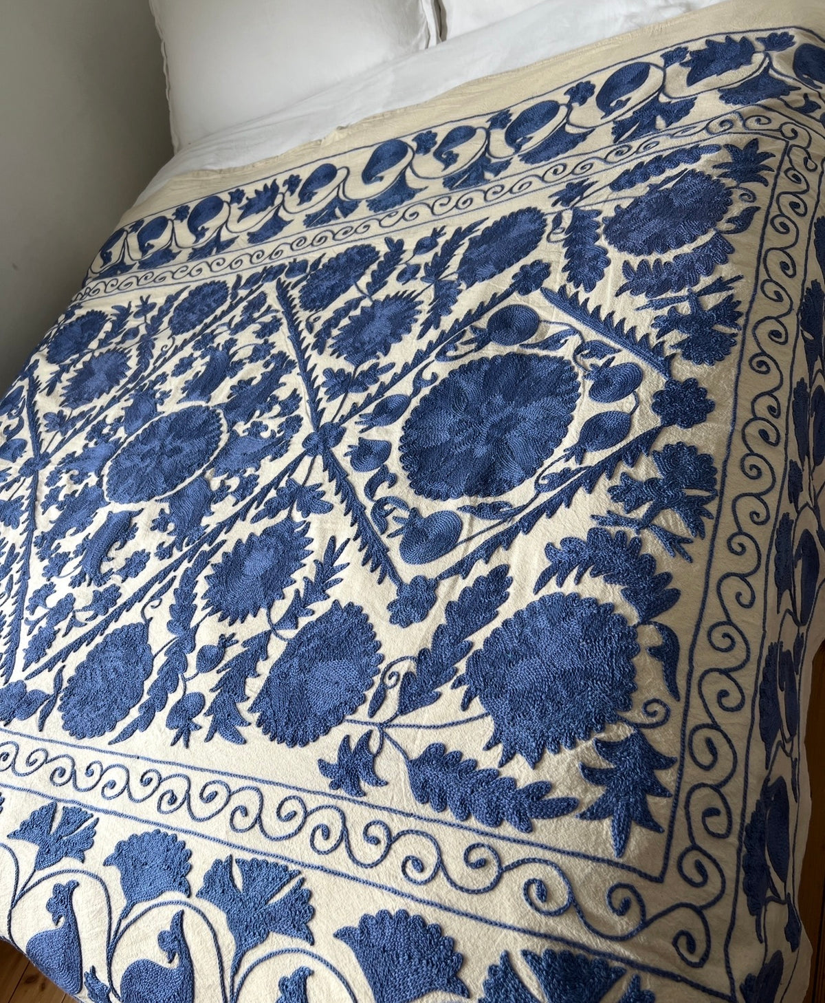 Hand Embroidered Cotton Sozani Panel - Deep Blue