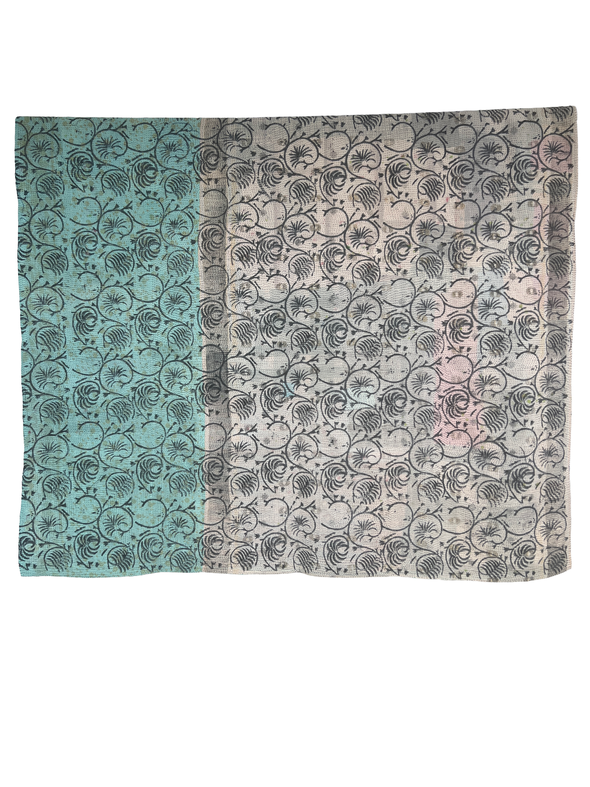 Vintage Kantha Throw with Handblock Print